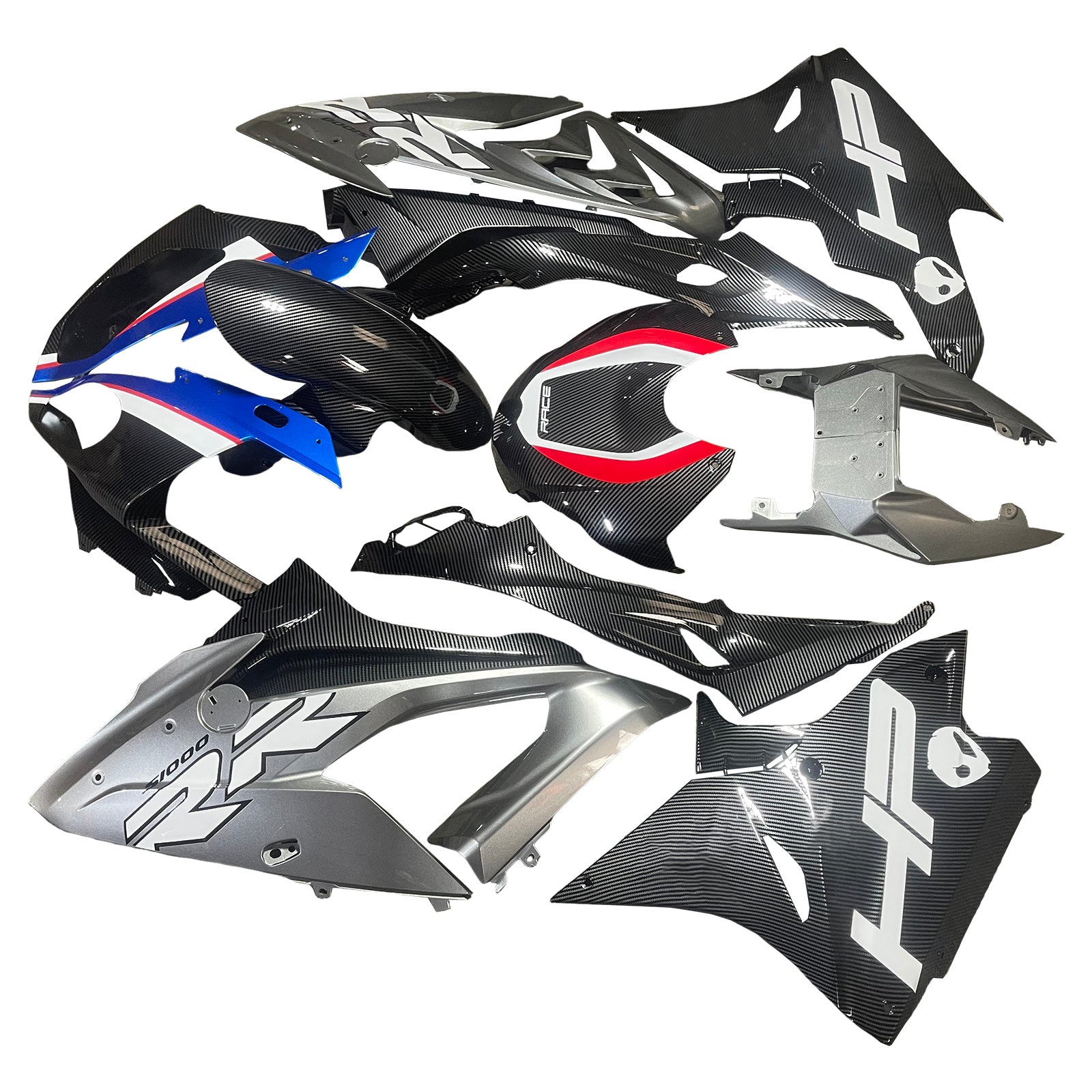Amotopart 2017-2018 BMW S1000RR Carbon Fiber Mønstre Silver Fairing Kit