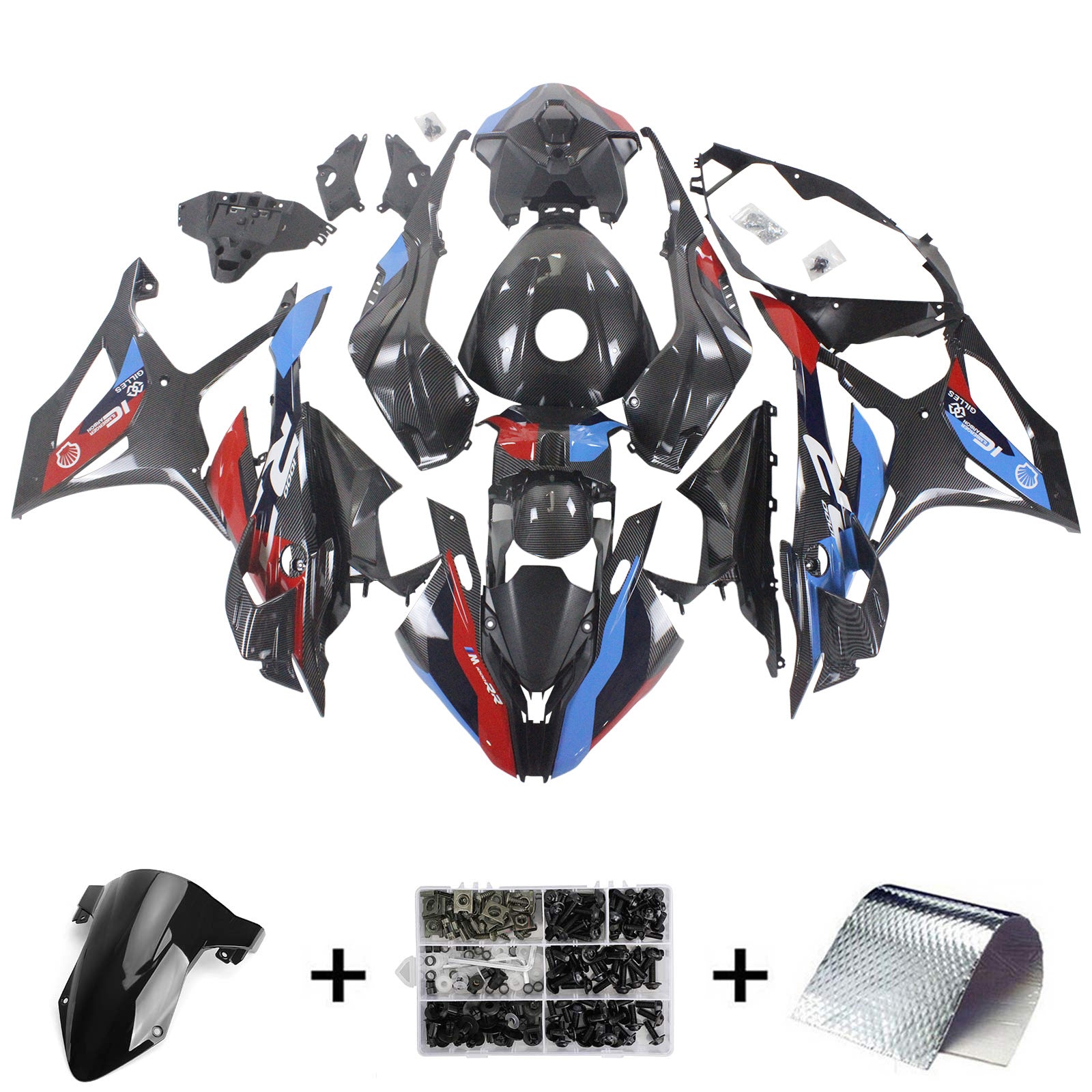 Amotopart 2023-2024 S1000RR BMW czerwony i niebieski zestaw do owiewki z włókna węglowego