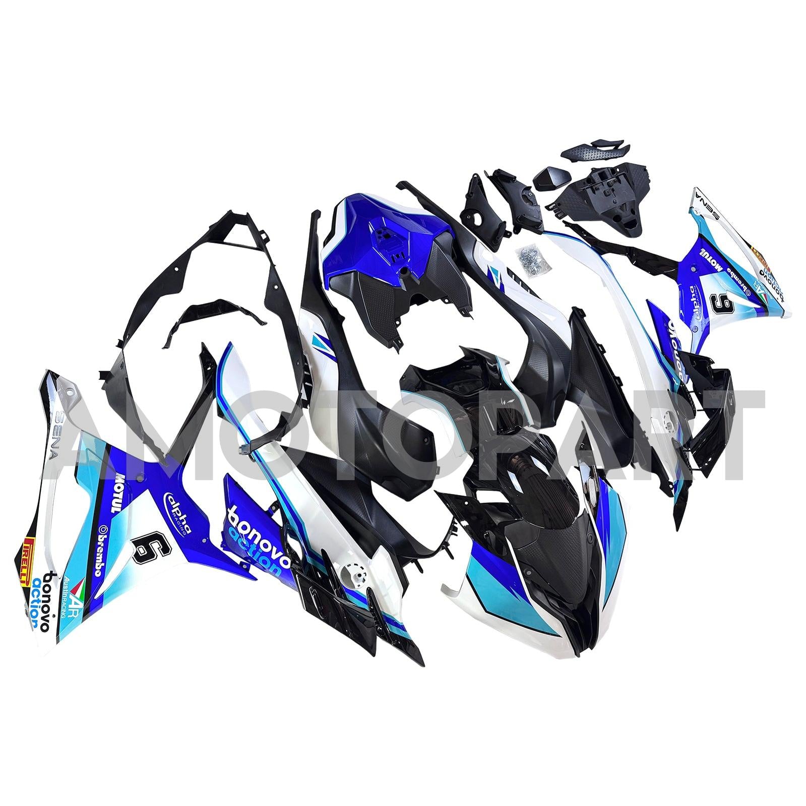 AMOTOPART 2023-2024 BMW S1000RR GLOSSY BLACK BLÅ VIT FAIRING KIT