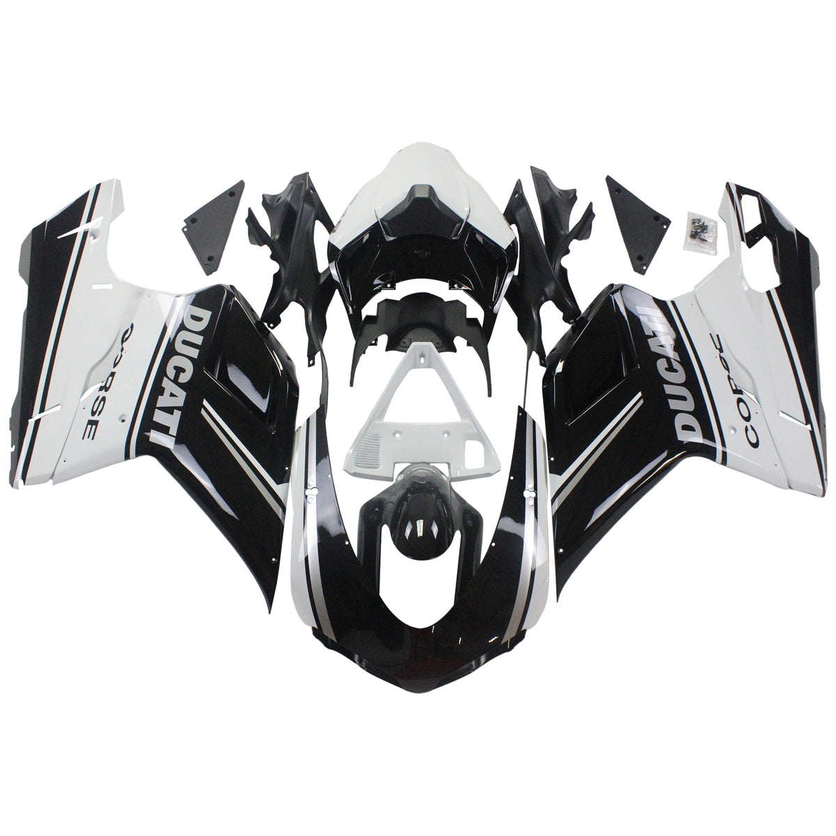 Amotopart Verkleidungsset für Ducati 2007–2012 1098/1198/848, Schwarz-Mix, Weiß