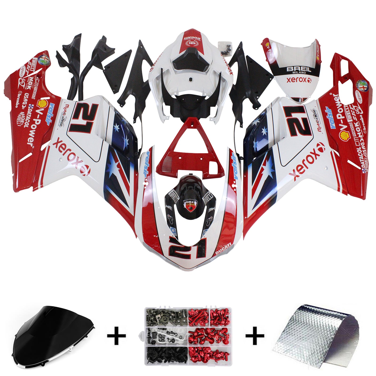 Amotopart Kit de carénage Ducati 1098 1198 848 rouge et blanc Style7 toutes années