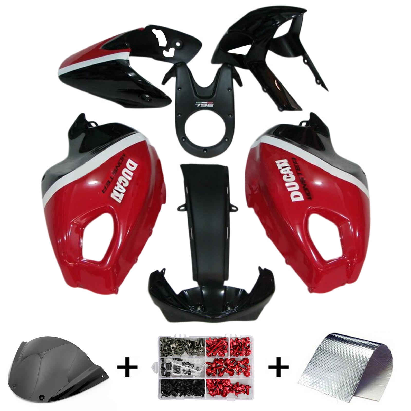 Amotopart Kit de carénage Ducati Monster 696 796 1100 S EVO rouge et noir Style2 toutes années