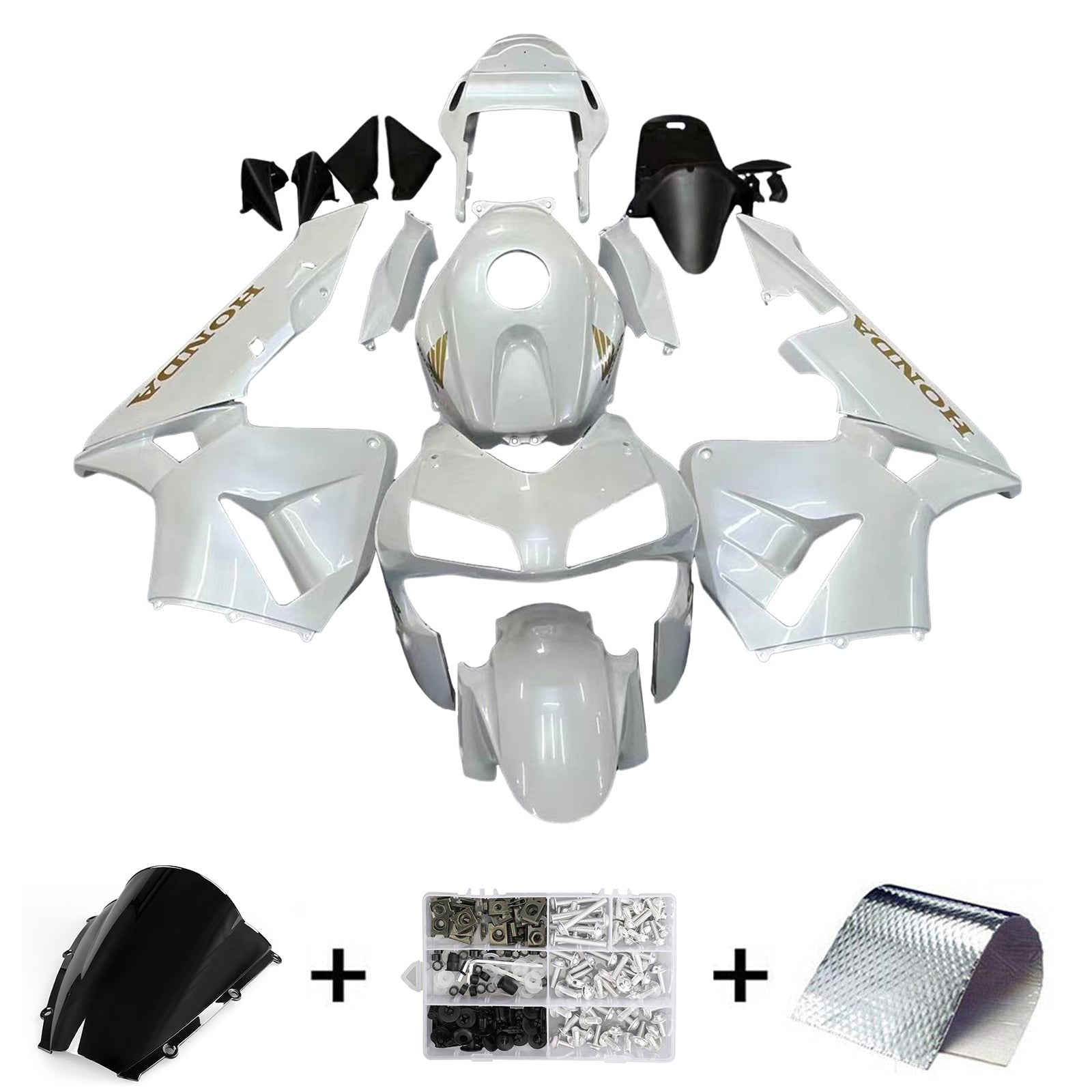 Amotopart 2003-2004 Honda CBR600RR Carenado blanco con kit de logotipo dorado