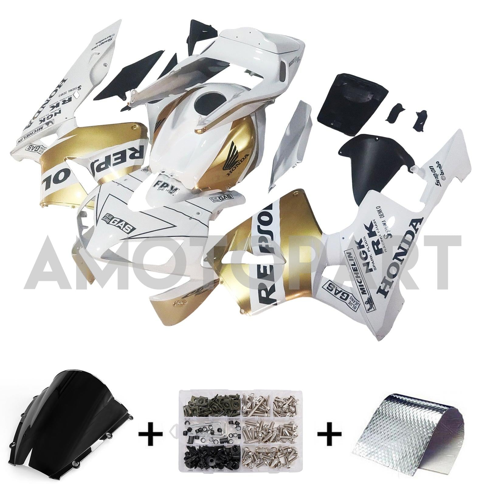 Amotopart 2003-2004 Honda CBR600RR Fairing White&Gold Kit