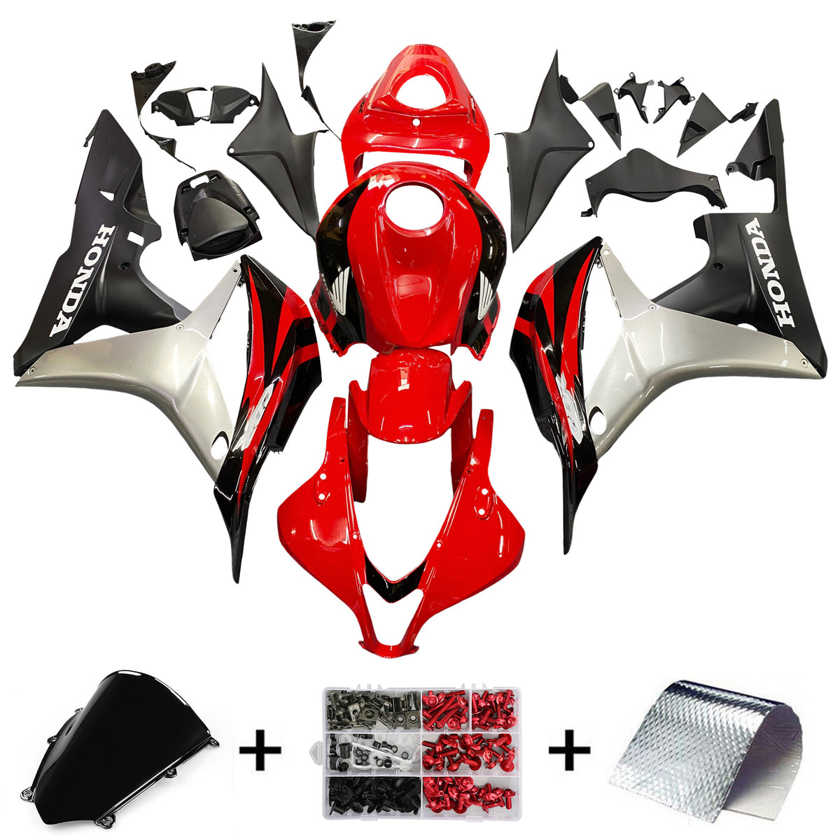 Amotopart 2007-2008 Honda CBR600RR Kit de carenado rojo y plateado