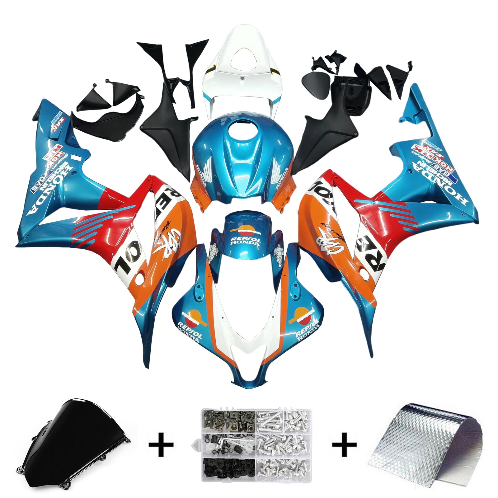 Amotopart 2007–2008 Honda CBR600RR Blau Orange Weiß Verkleidungsset