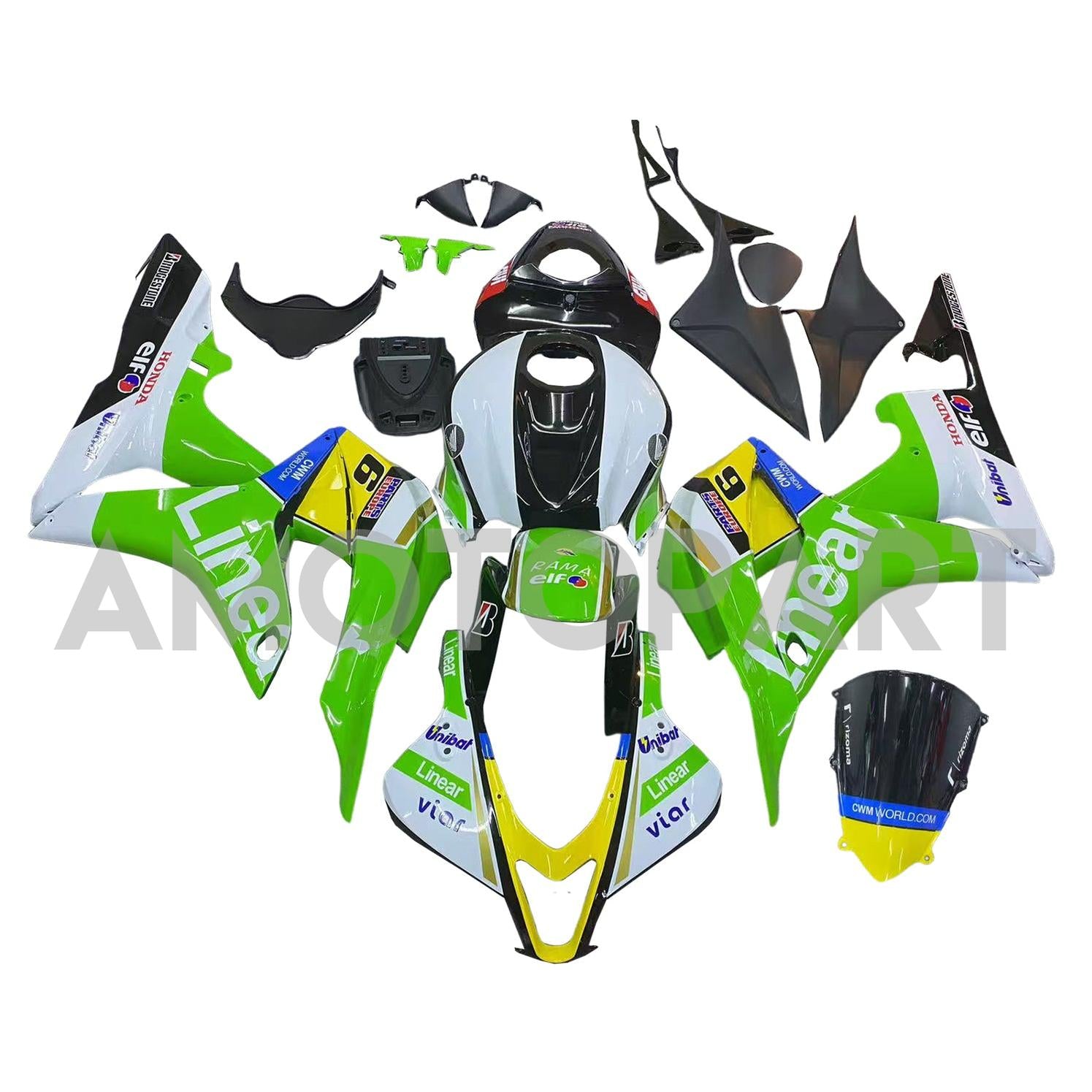 Amotopart 2007-2008 Honda CBR600RR Green Yellow White Fairing Kit