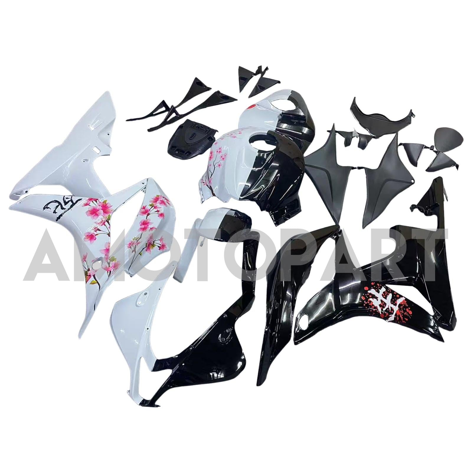 Amotopart 2007-2008 Honda CBR600RR Black White Cherry Blossom Fairing Kit