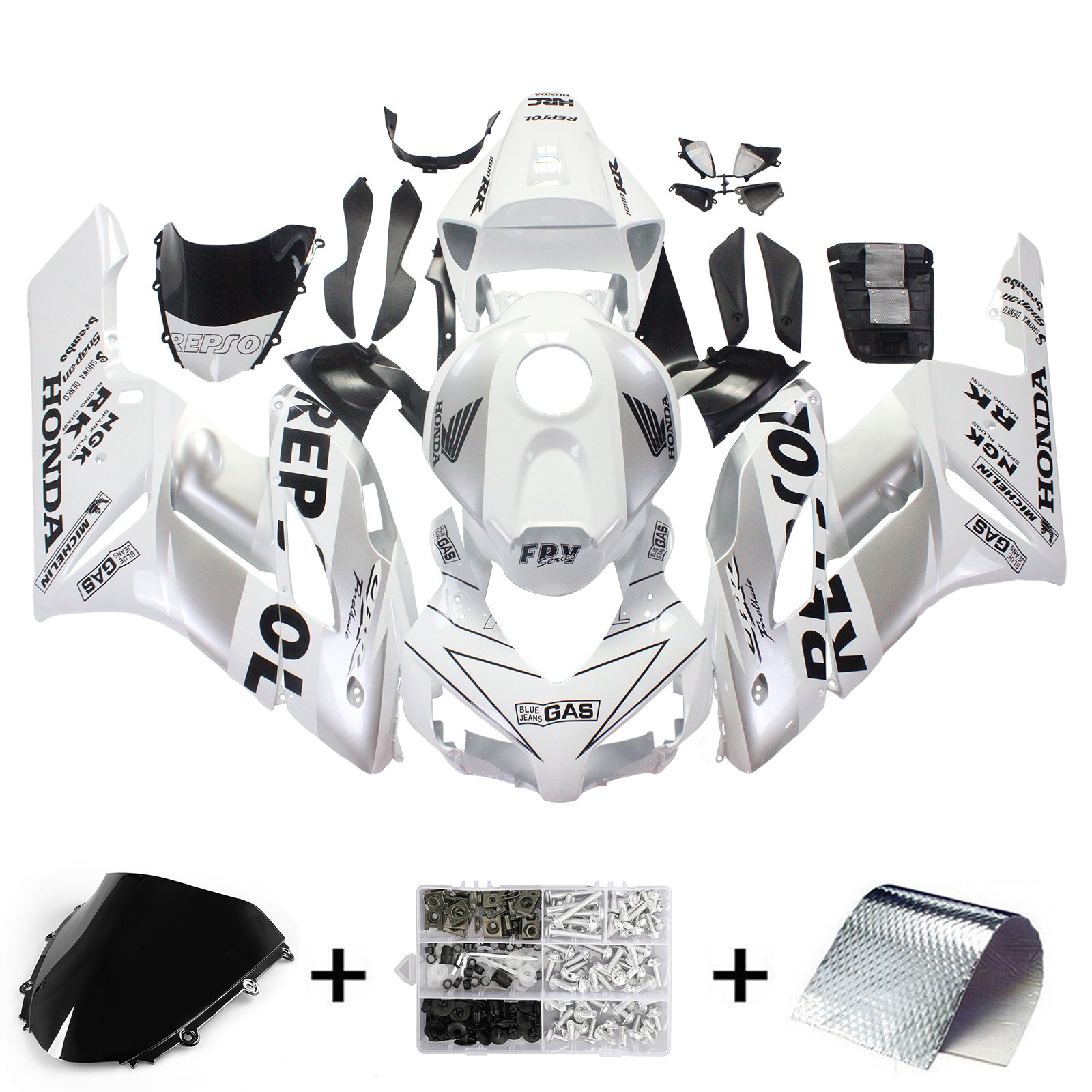 Amotopart Carene Honda CBR1000RR 2004-2005 Carena Bianco Argento Repsol Racing Kit carena