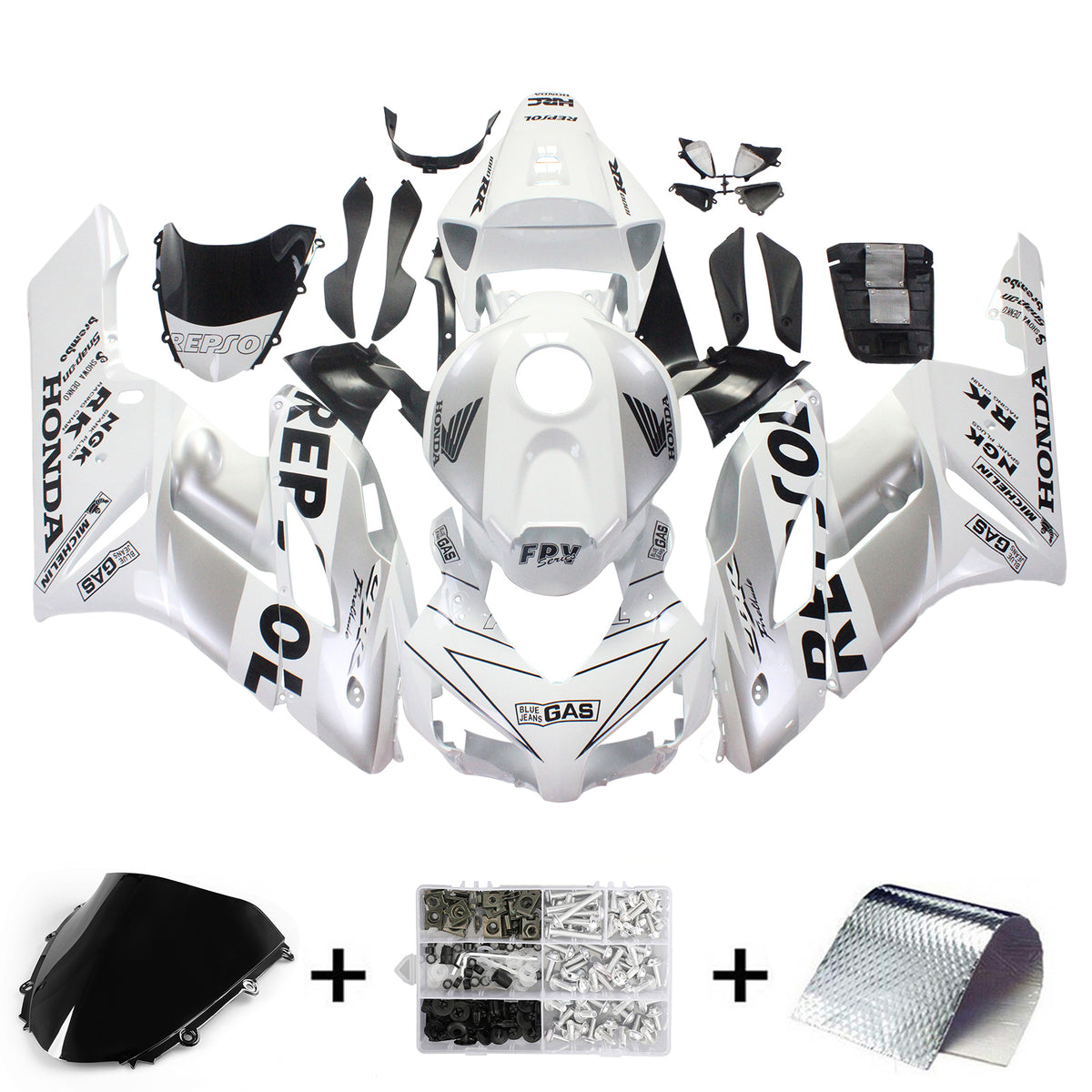 Amotopart Carénages Honda CBR1000RR 2004-2005 Carénage Blanc Argent Repsol Racing Kit de carénage