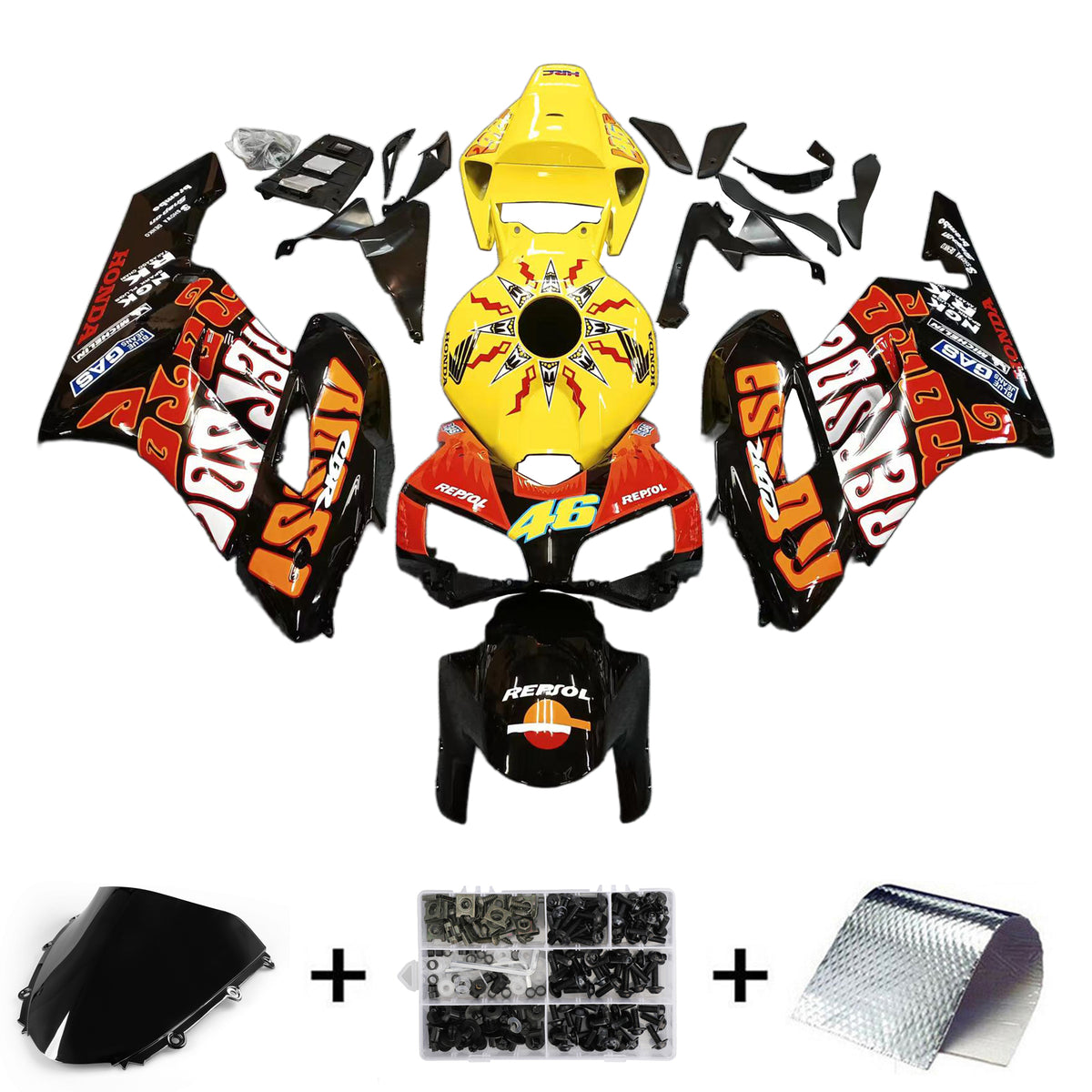 Amotopart Carénages Honda CBR1000RR 2004-2005 Carénage Valentino Rossi Racing Kit de carénage noir jaune