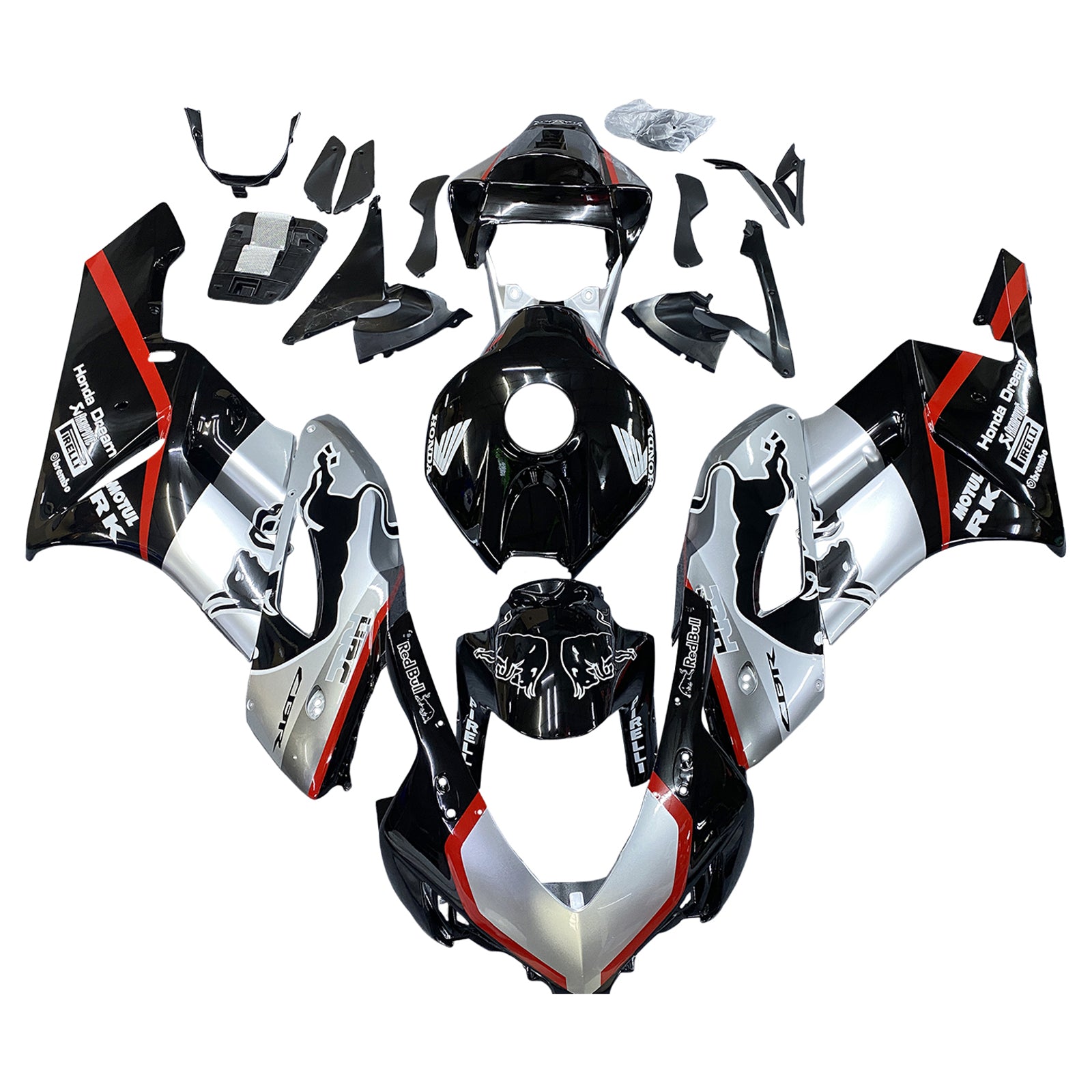 Amotopart 2004-2005 Honda CBR1000RR Black&Silver with Red Stripe Fairing Kit