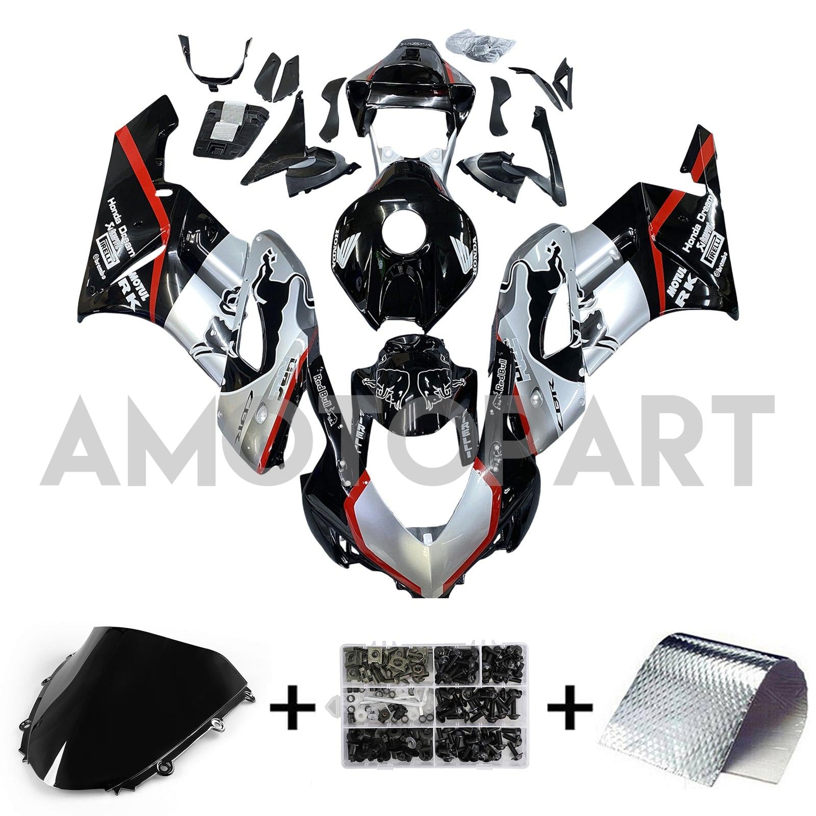 Amotopart 2004-2005 Honda CBR1000RR Black&Silver with Red Stripe Fairing Kit
