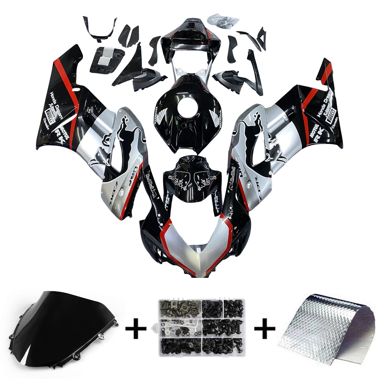 Amotopart 2004-2005 Honda CBR1000RR Kit de carénage noir et argent avec bande rouge