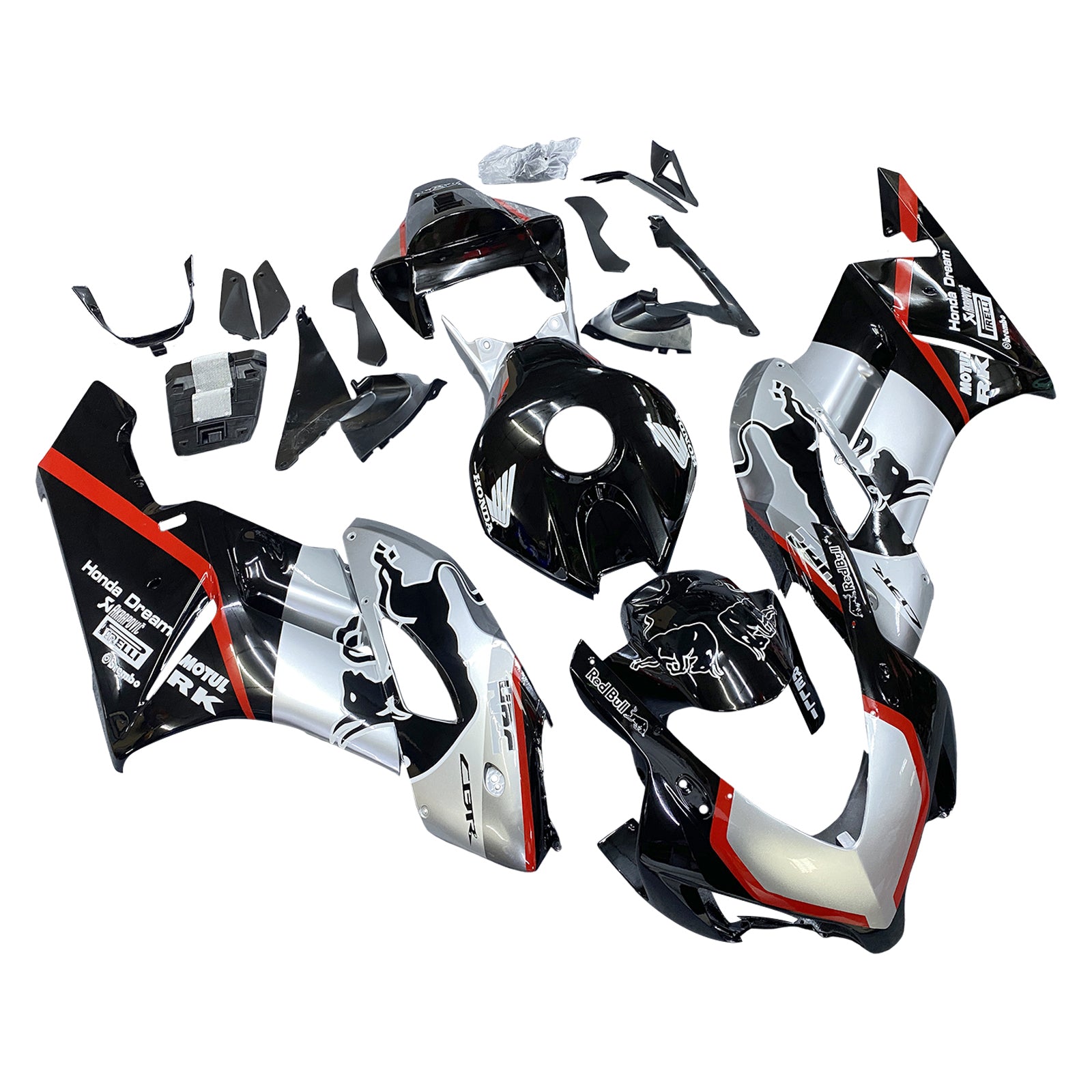 Amotopart 2004-2005 Honda CBR1000RR Kit de carénage noir et argent avec bande rouge