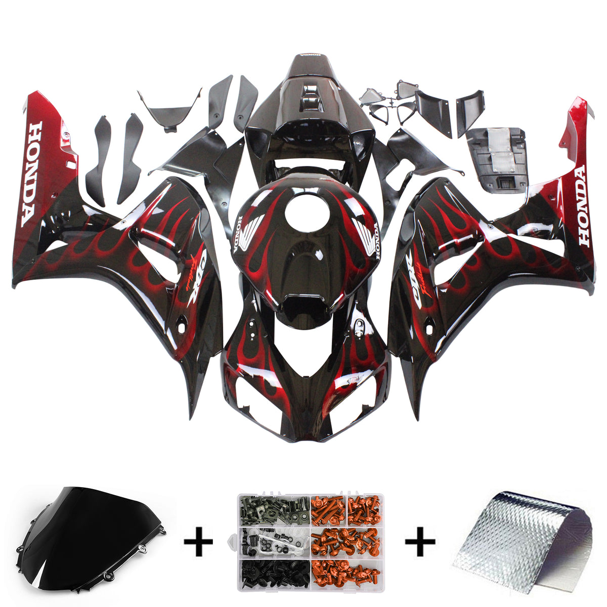 Amotopart Carénages Honda CBR1000RR 2006-2007 Carénage Flame Racing Kit de carénage noir et rouge