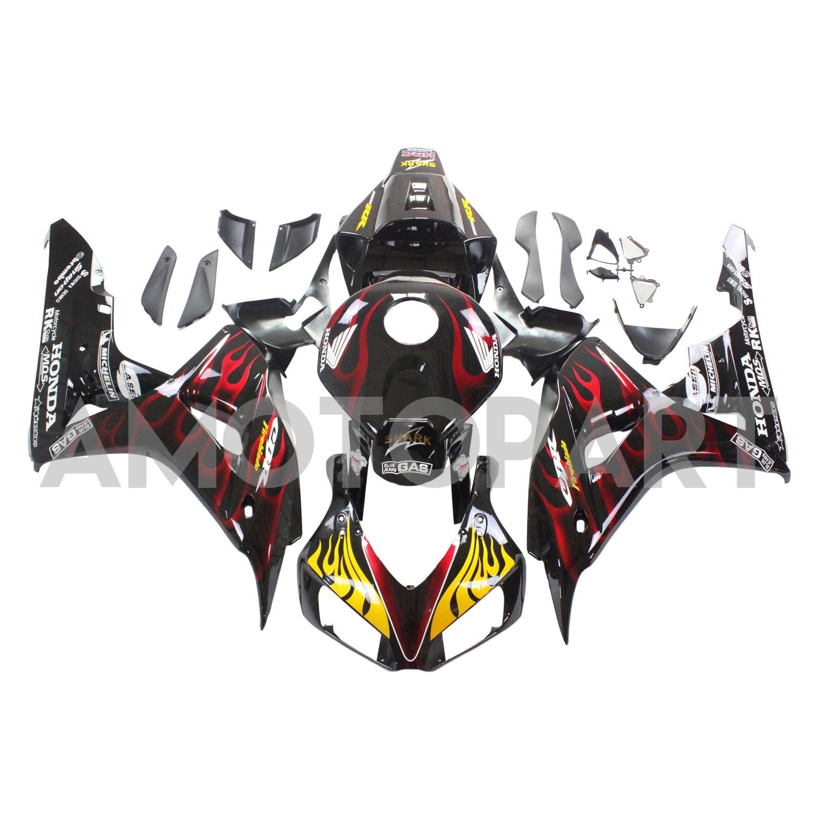 Amotopart Verkleidung Honda CBR1000RR 2006-2007 Verkleidung Flame Shark Racing Schwarz & Rotes Verkleidungsset
