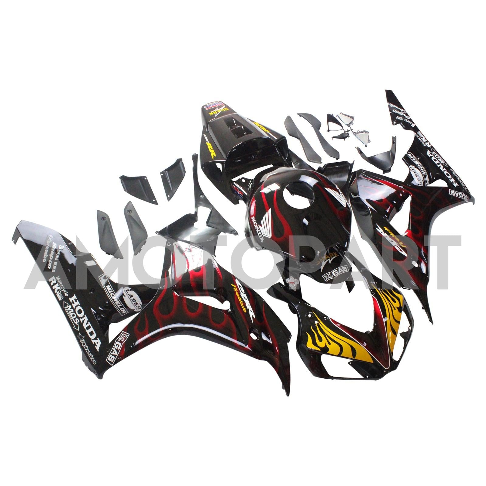 Frailiny Amotopart Honda CBR1000RR 2006-2007 Flame Flame Shark Racing Black & Red Failing Kit