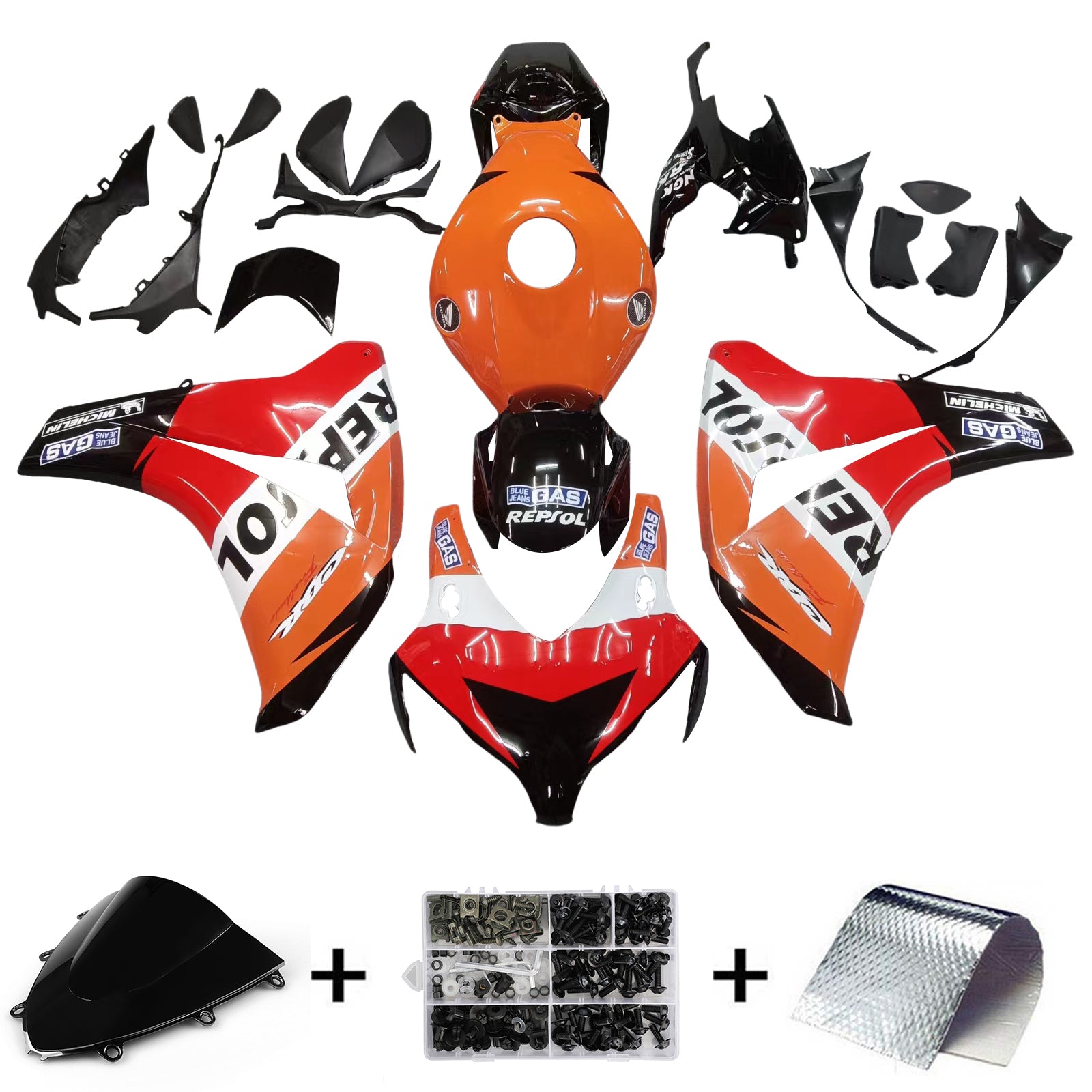 Amotopart 2008–2011 Honda CBR1000RR Repjol Orange &amp; Rot Verkleidungsset