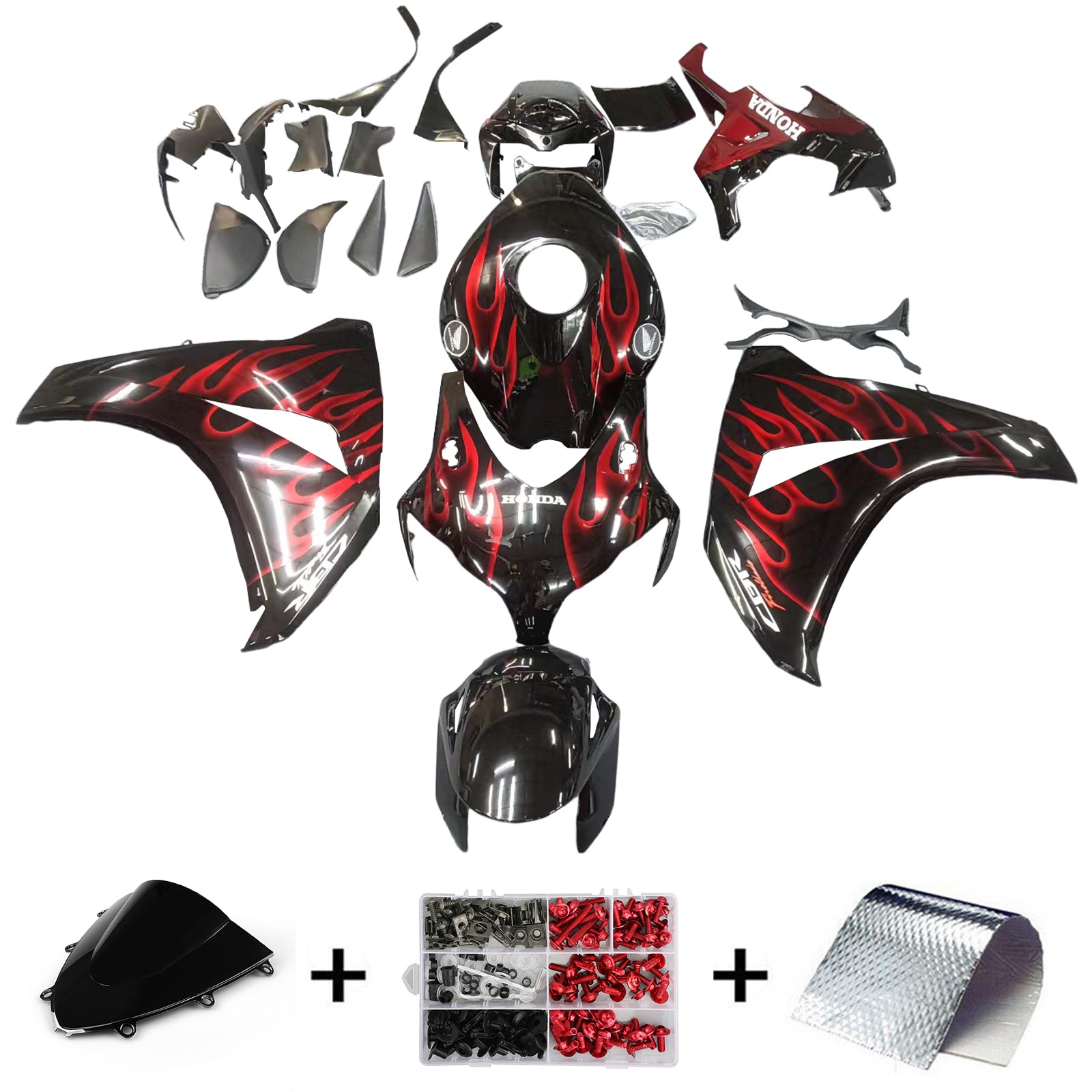 Amotopart 2008-2011 Honda CBR1000RR Black&Red Flame Fairing Ki