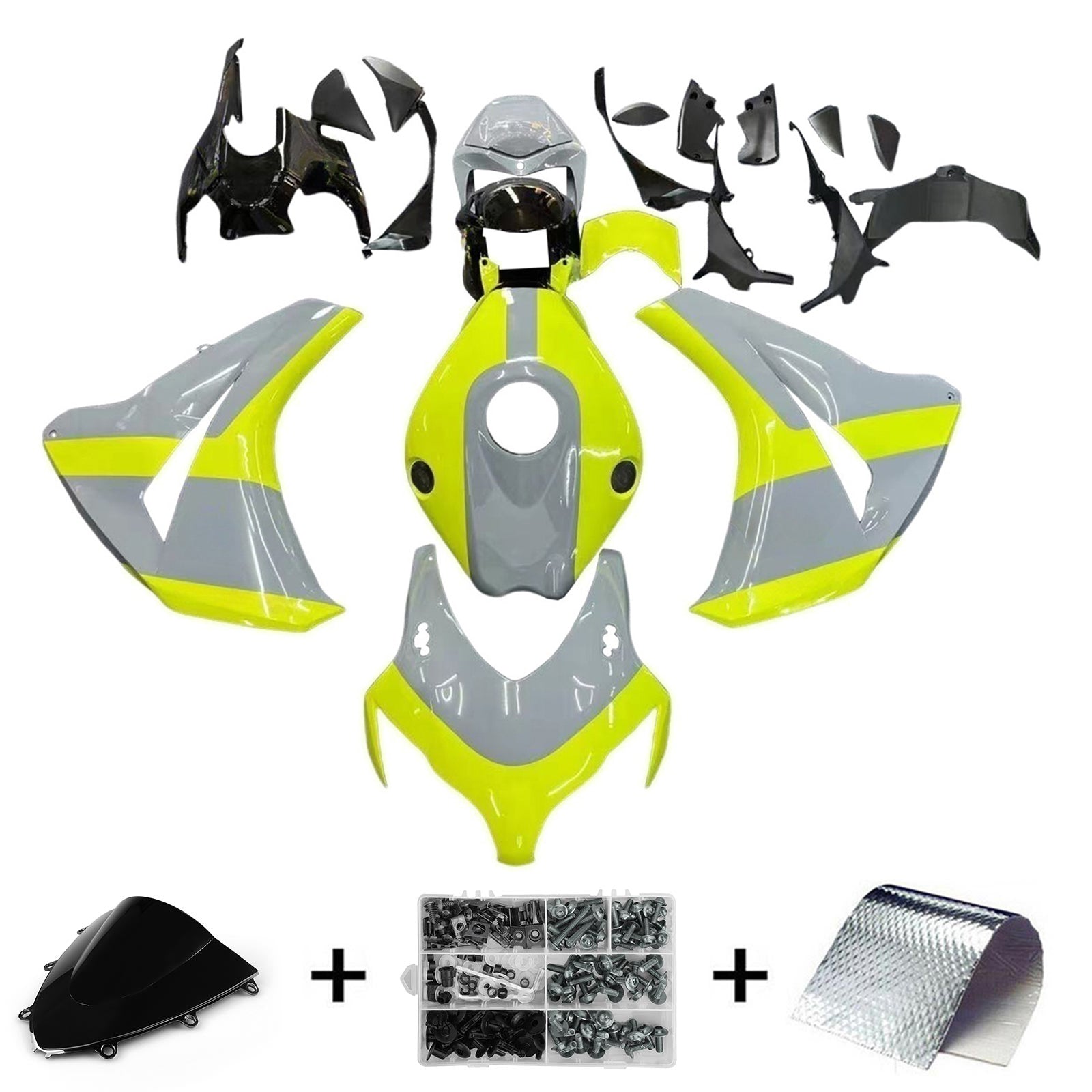 Amotopart Honda CBR1000RR 2008-2011 Gris&Kit de carénage à la fluorescéine