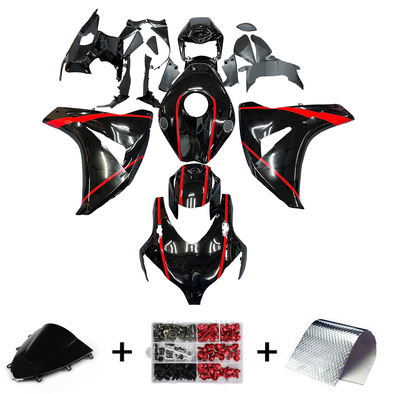 Amotopart 2008-2011 Honda CBR1000RR Gloss Black with Red Stripe Fairing Kit