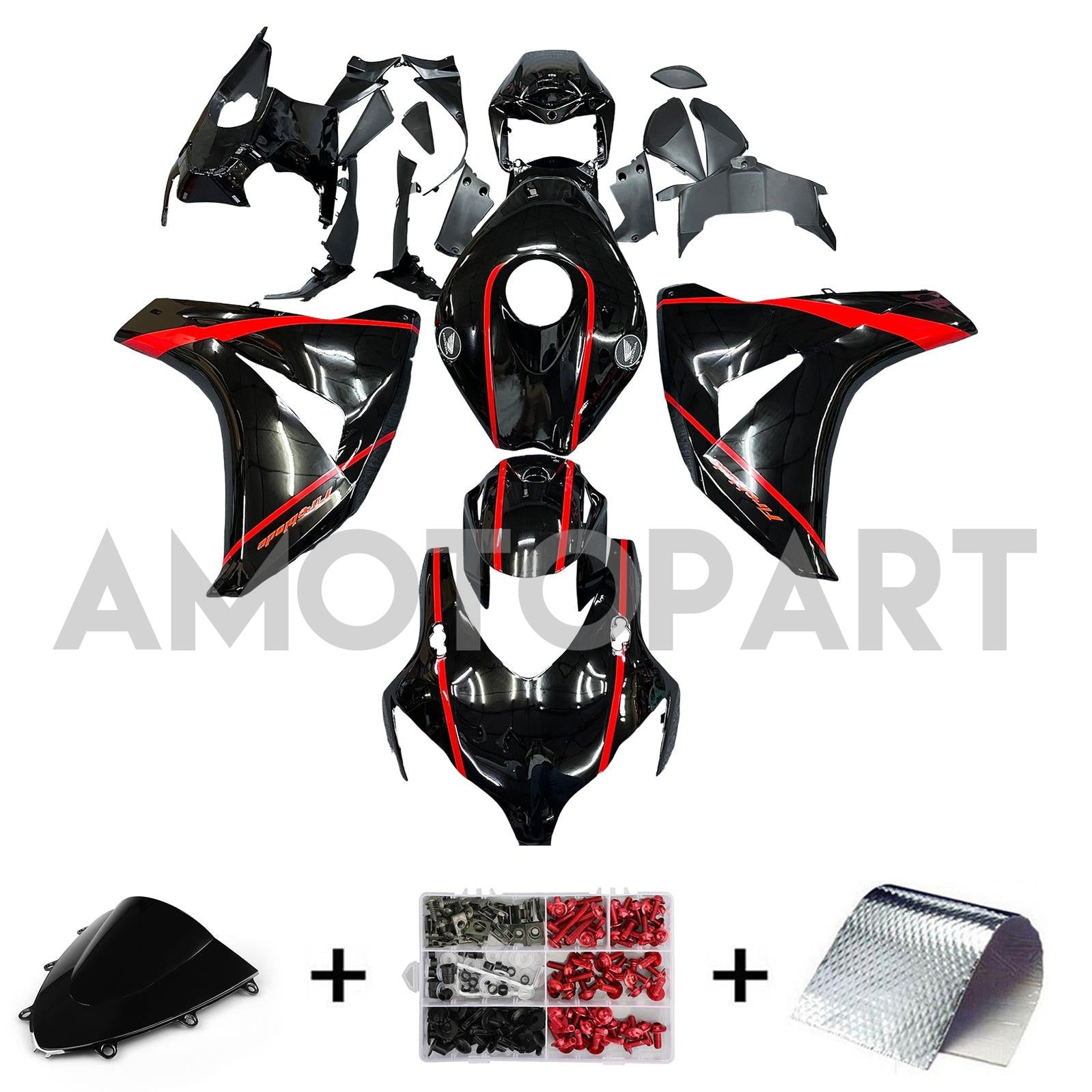 Amotopart 2008-2011 Honda CBR1000RR Gloss Black with Red Stripe Fairing Kit