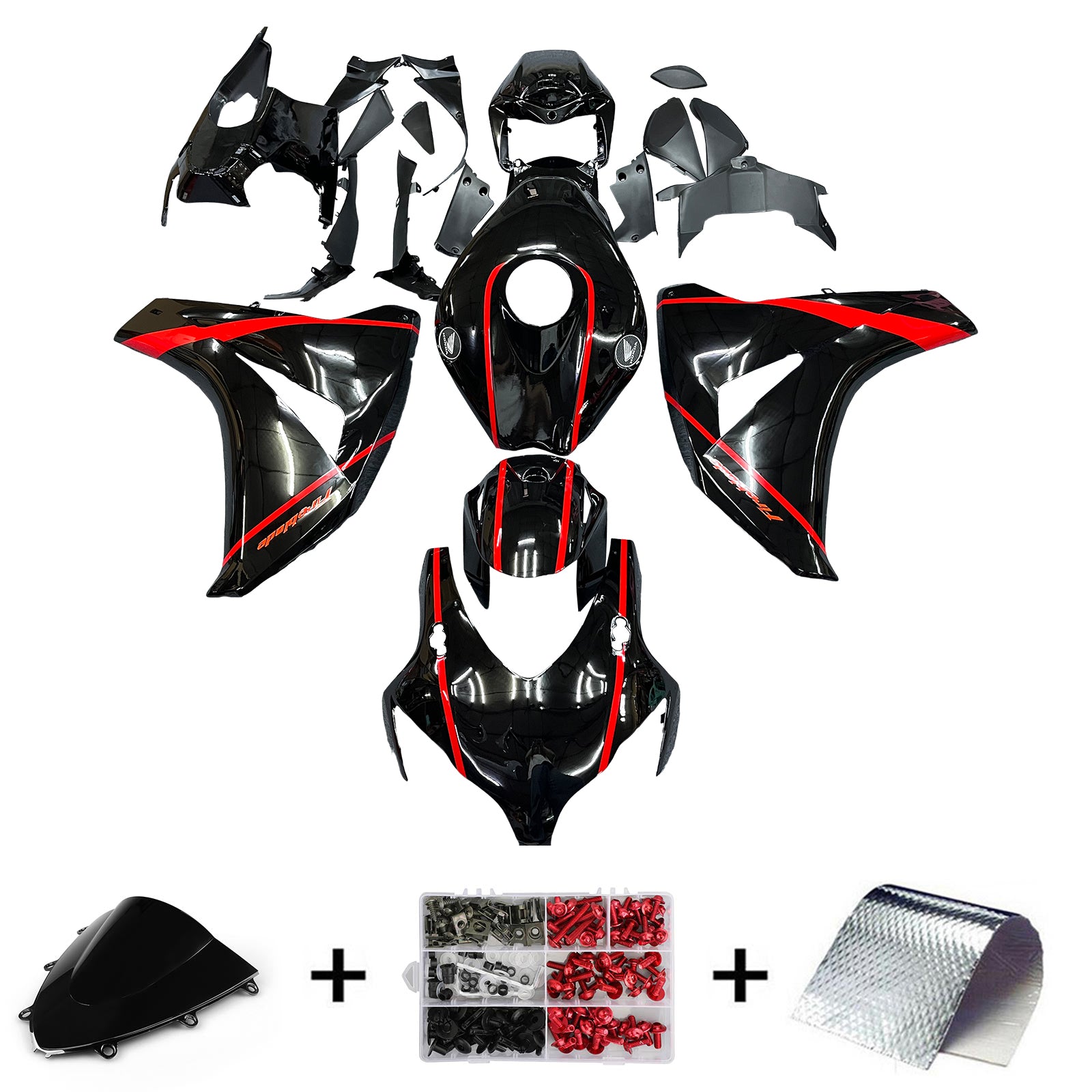 Amotopart 2008–2011 Honda CBR1000RR Verkleidungsset in glänzendem Schwarz mit roten Streifen