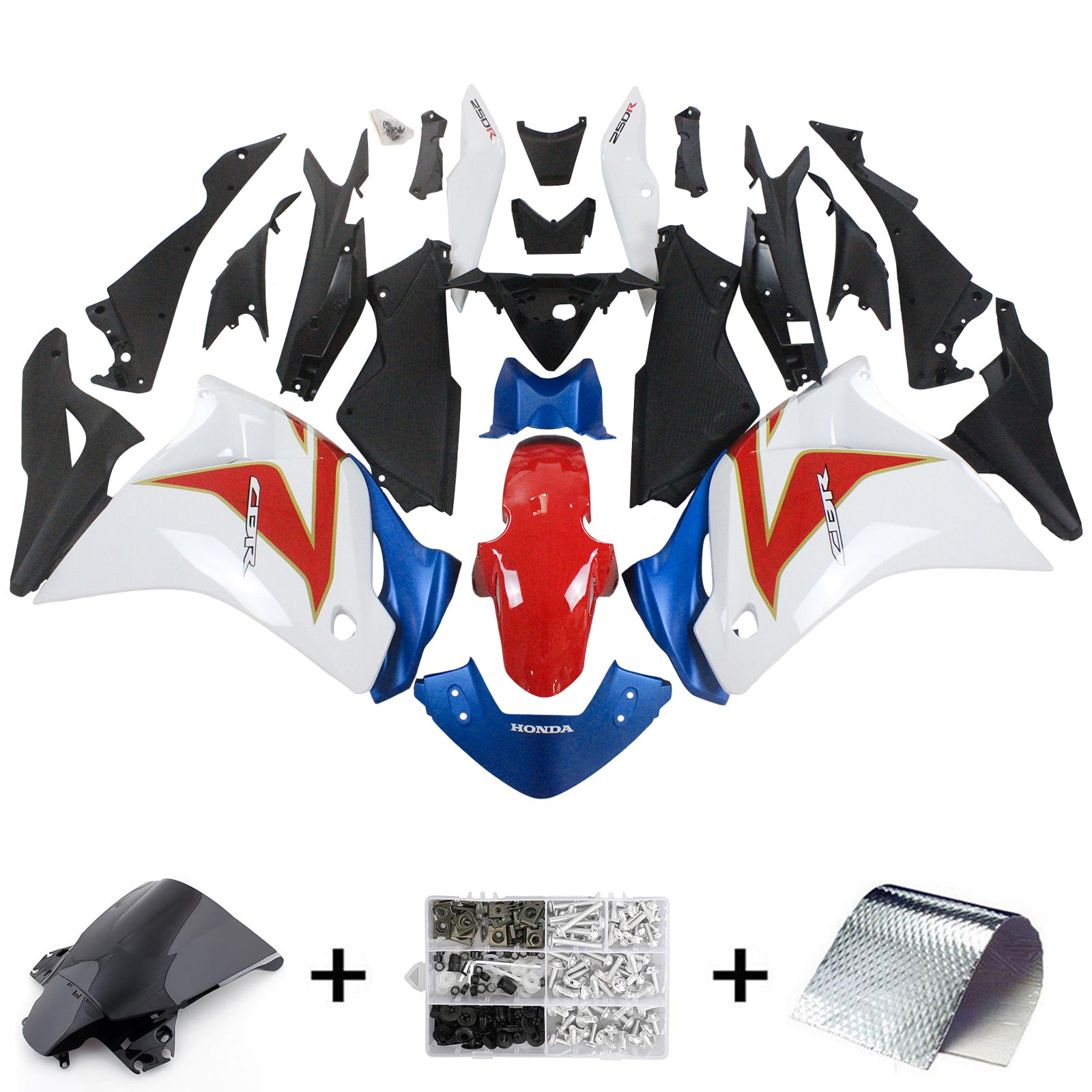 Kit de carénage Amotopart Honda CBR250R 2011-2015 blanc et bleu