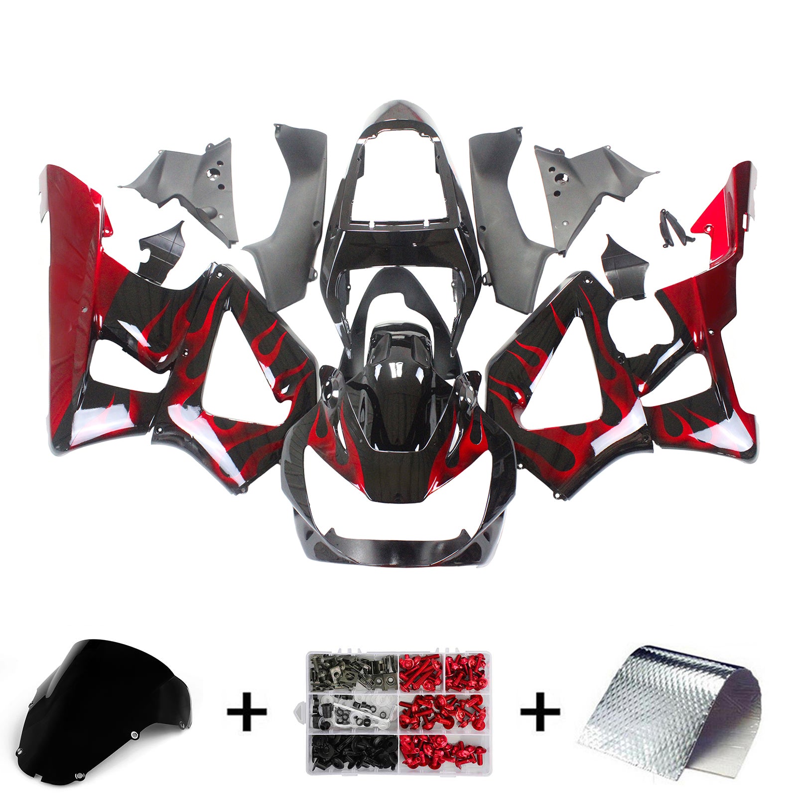 Amotopart Verkleidung für Honda CBR929RR (2000-2001), schwarz&Rotes Feuer-Set