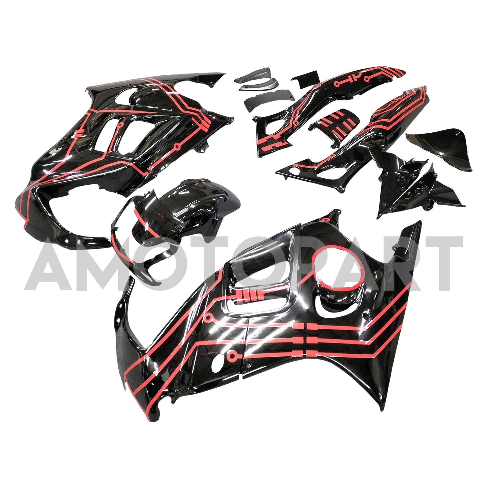 Amotopart Verkleidung für Honda CBR600 F3 (1997–1998), schwarz & Red Style3 Kit