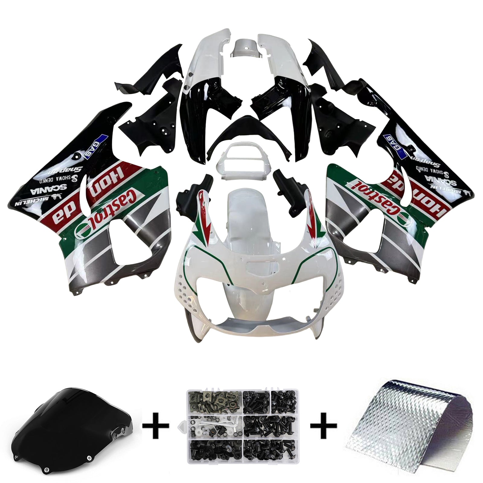 Amotopart 1996–1997 Honda CBR900RR 893 Verkleidung RSchwarz und Grün Castrol Kit