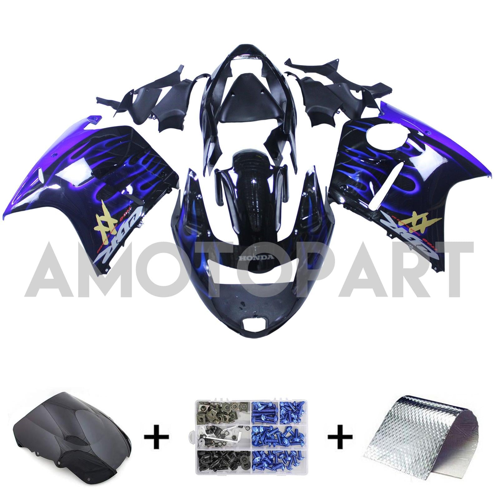 Amotopart 1996-2007 Honda CBR1100XX SuperBlackBird Fairing Blue Fire&Black Kit