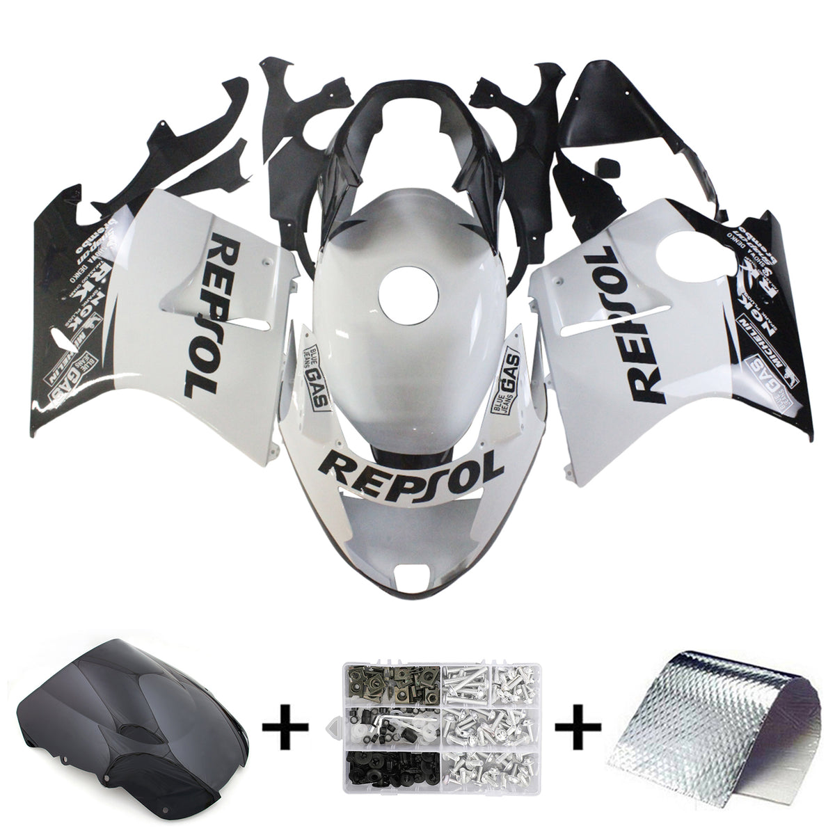 Amotopart 1996-2007 CBR1100XX スーパー BlackBird ホンダ ブラック&ホワイト レプソル フェアリングキット