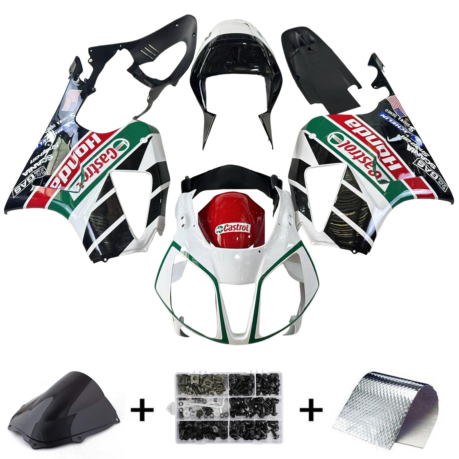 Amotopart 2000–2006 Honda VTR1000 RC51 Verkleidung, mehrfarbiges Castrol-Kit