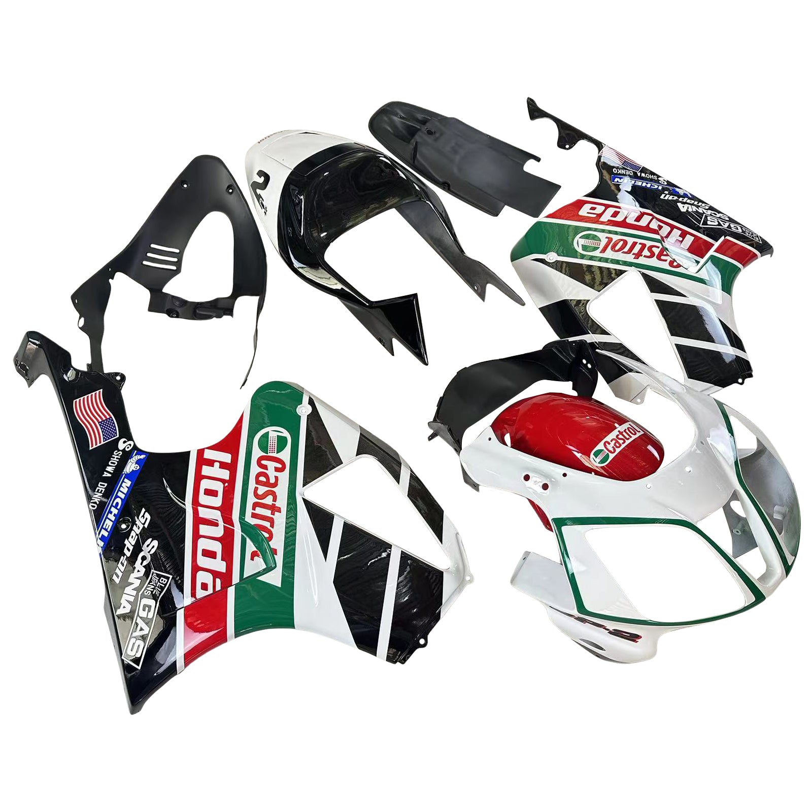 Amotopart 2000–2006 Honda VTR1000 RC51 Verkleidung, mehrfarbiges Castrol-Kit