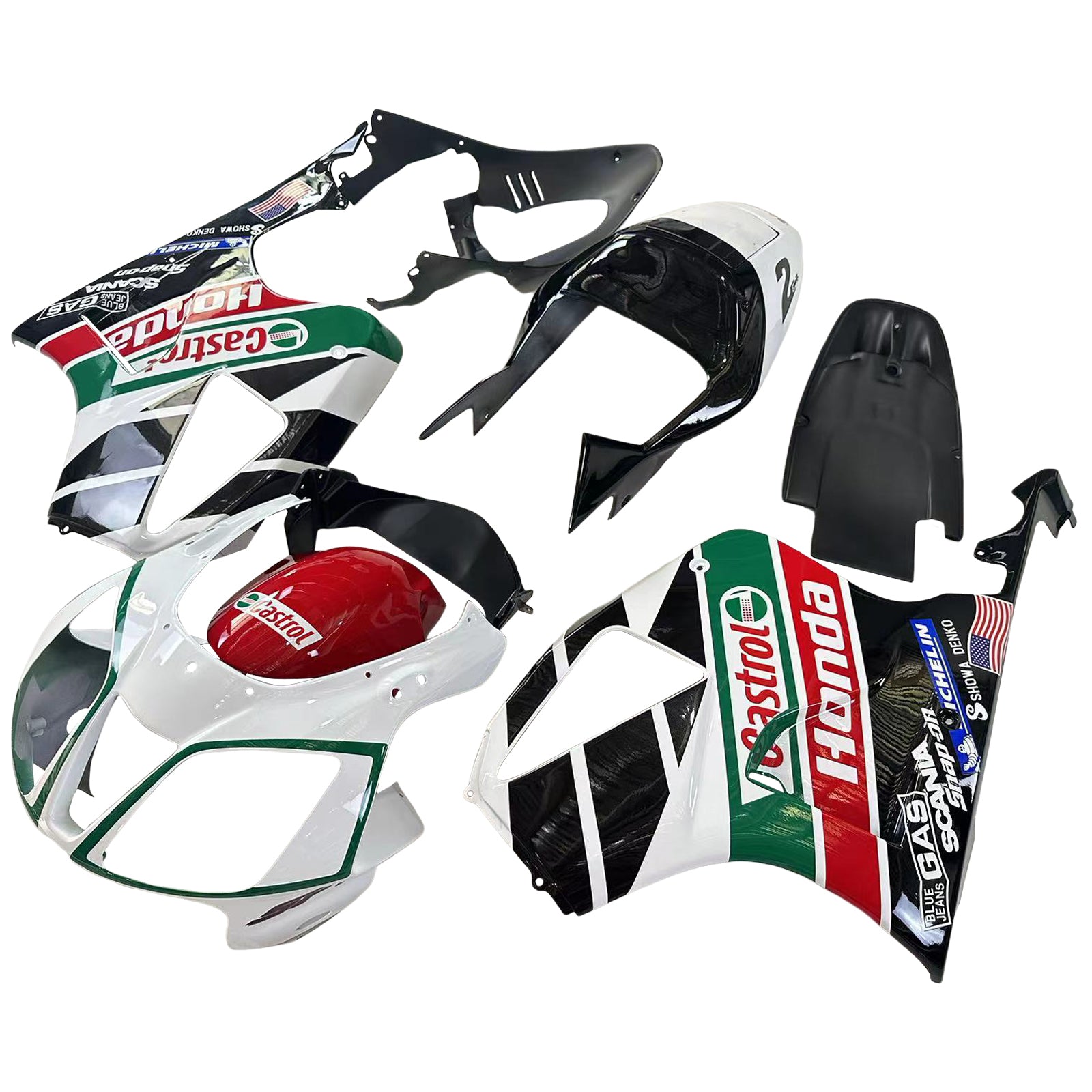 Amotopart 2000–2006 Honda VTR1000 RC51 Verkleidung, mehrfarbiges Castrol-Kit