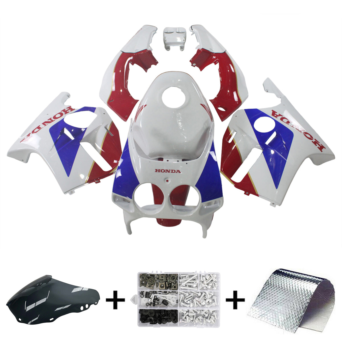 Amotopart 1988-1989 Honda CBR250RR MC19 Blanco Azul Rojo &Logo Kit de carenado