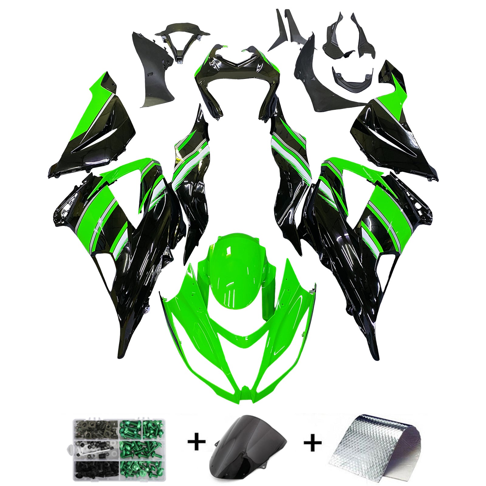 Kit plastique Amotopart Kawasaki Zx6R 2013-2018 carénage vert Amotopart avec kit de boulons