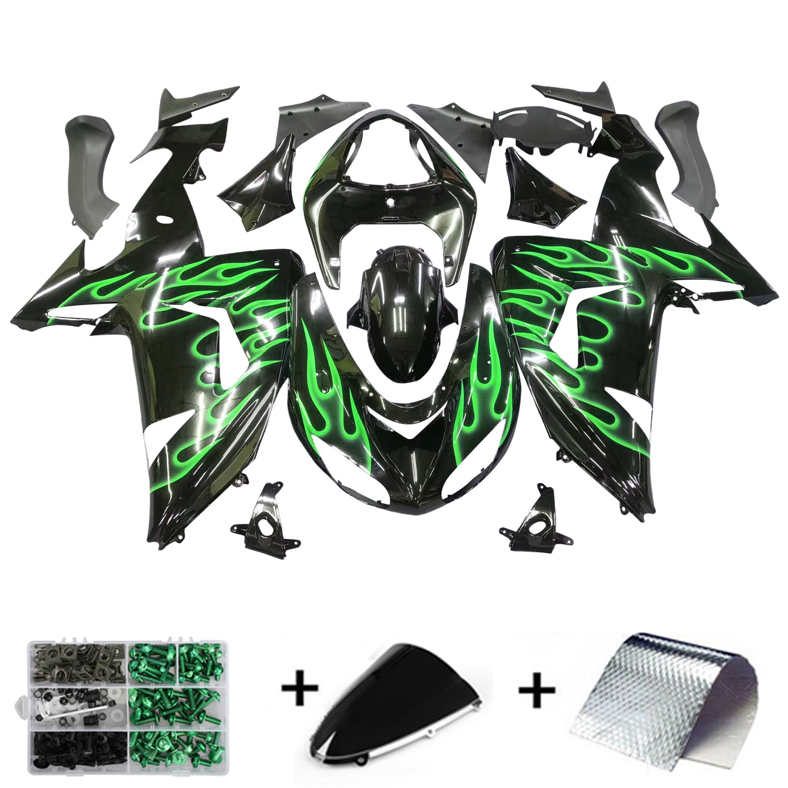 Amotopart 2006 2007 Kawasaki ZX10R Fairing Green Flames Kit