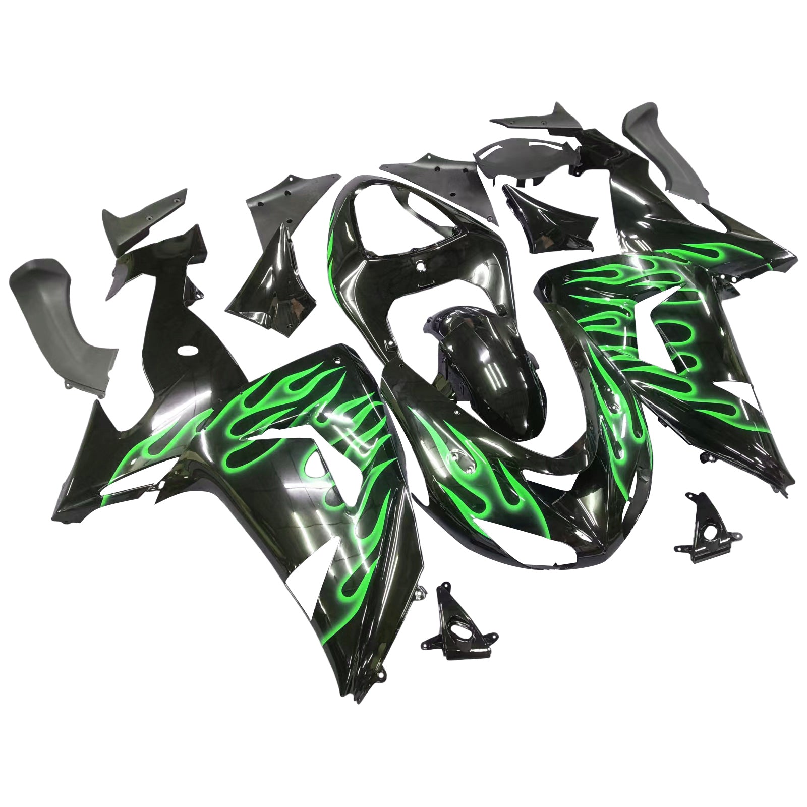 Amotopart 2006 2007 Kawasaki ZX10R Fairing Green Flames Kit
