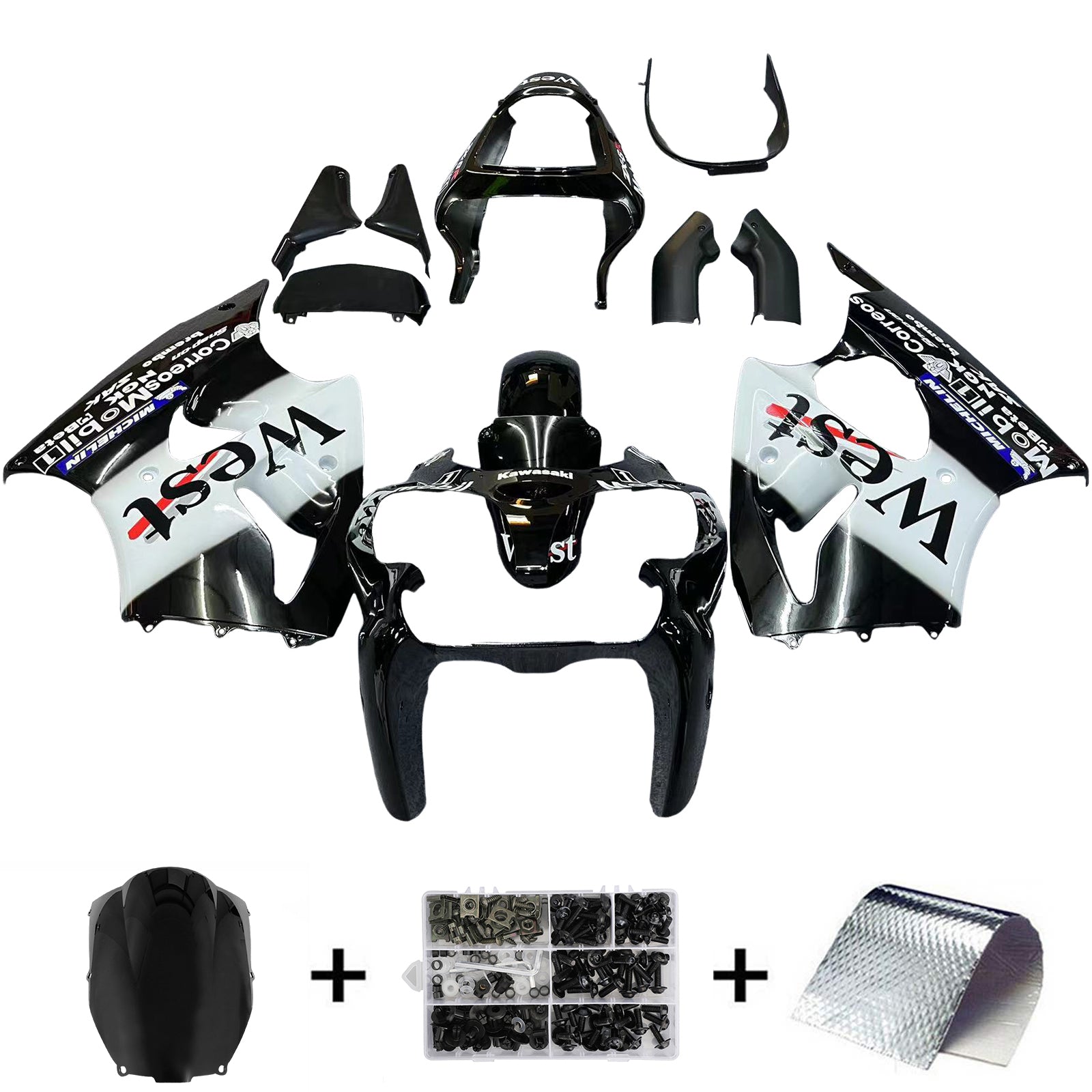 Amotopart Kawasaki 2000-2002 Zx6R 636/ZZR600 2005-2008 Kit de carénage noir et blanc