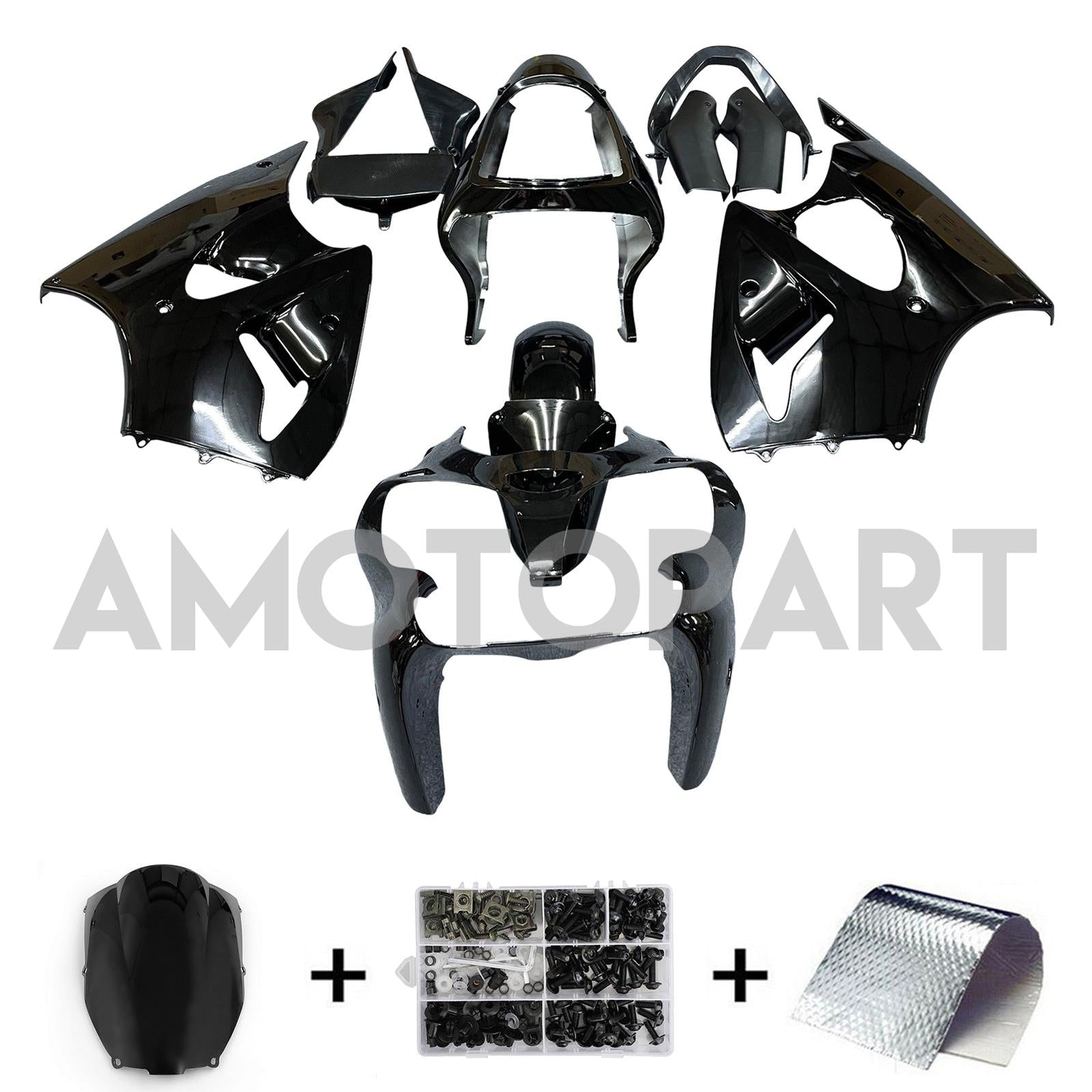 Amotopart Kawasaki 2000-2002 Zx6R 636/ZZR600 2005-2008 Fairing Gloss Black Kit