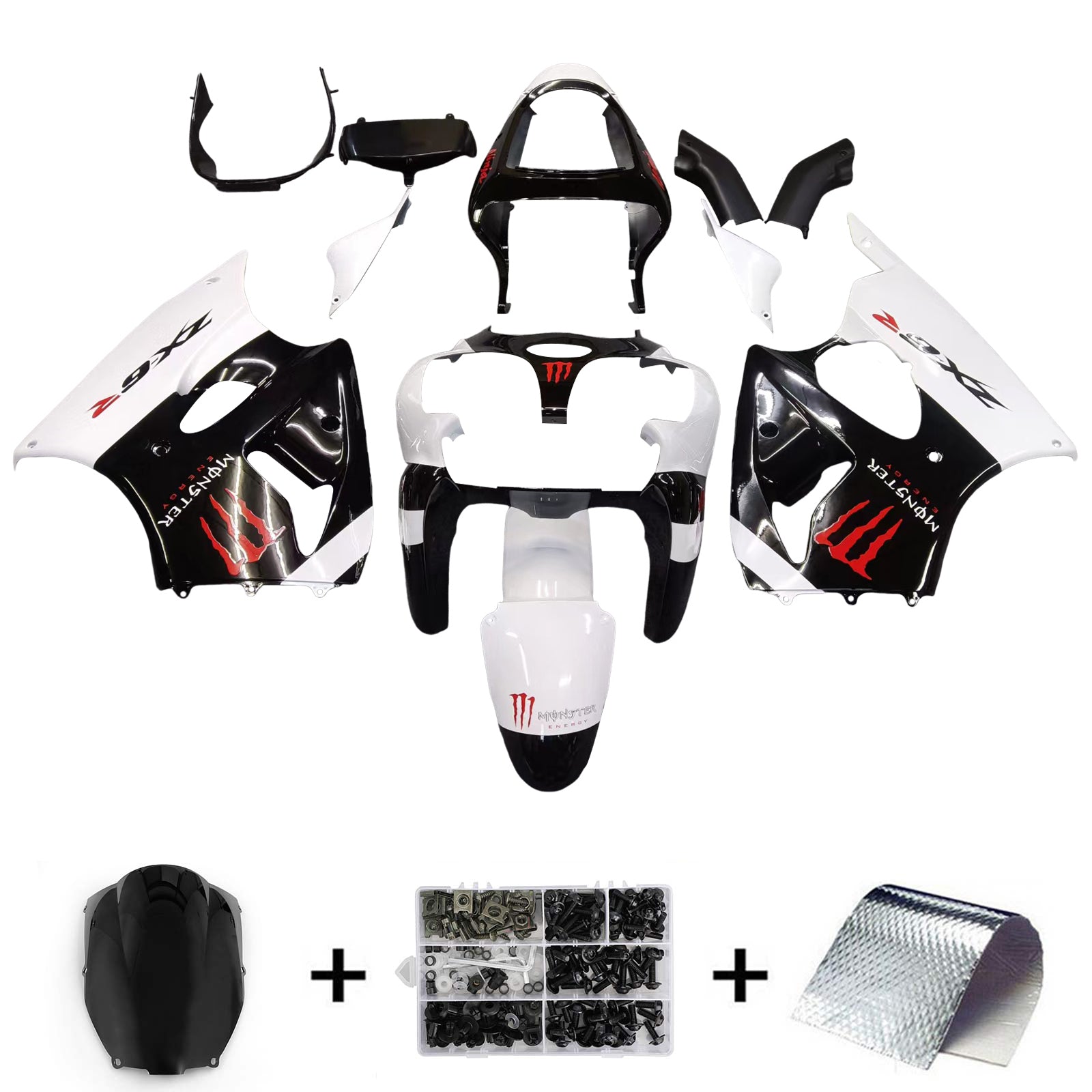 Amotopart Kawasaki 2000-2002 Zx6R 636/ZZR600 2005-2008 Kit carénage blanc noir