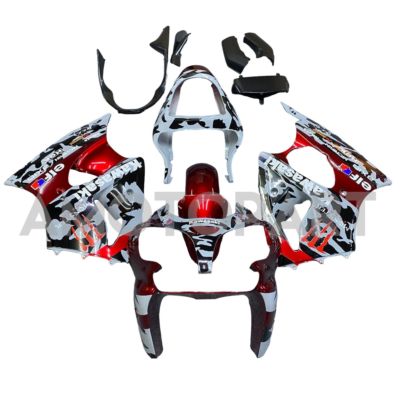 Amotopart 2000-2002 Kawasaki ZX6R 636 & 2005-2008 Kawasaki ZZR600 Red Grey & Logo Fairing Kit