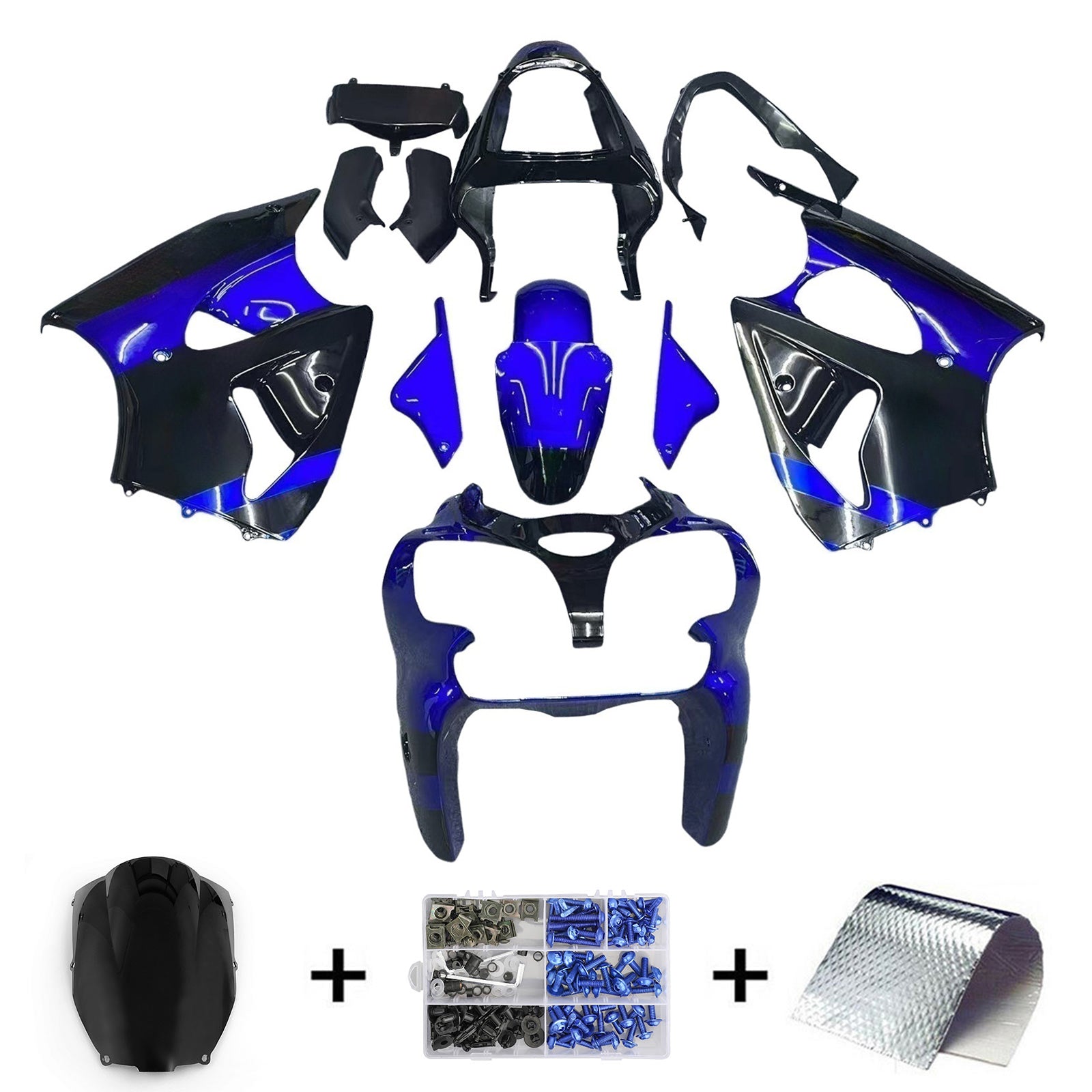Amotopart 2000-2002 Kawasaki ZX6R 636 & 2005-2008 Kawasaki ZZR600 Glanset Black Blue Fairing Kit