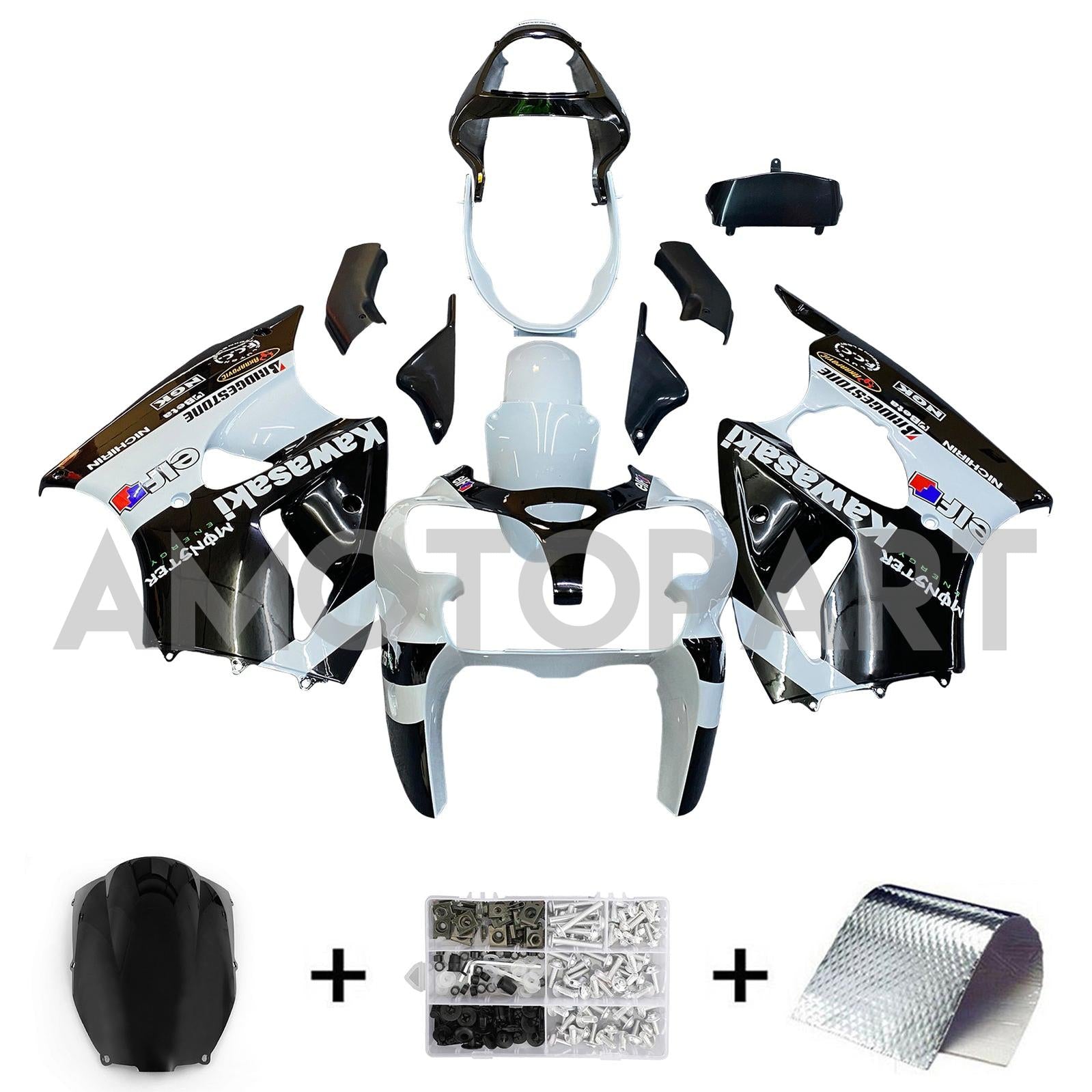 Amotopart 2000-2002 Kawasaki ZX6R 636 & 2005-2008 Kawasaki ZZR600 WHITE BLACK RAWING KIT