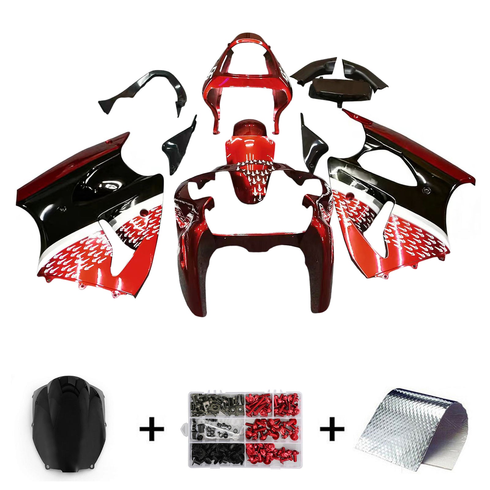 Amotopart 2000-2002 Kawasaki ZX6R 636 & Kawasaki ZZR600 Rouge Noir 2005-2008 & Kit de carénage avec logo