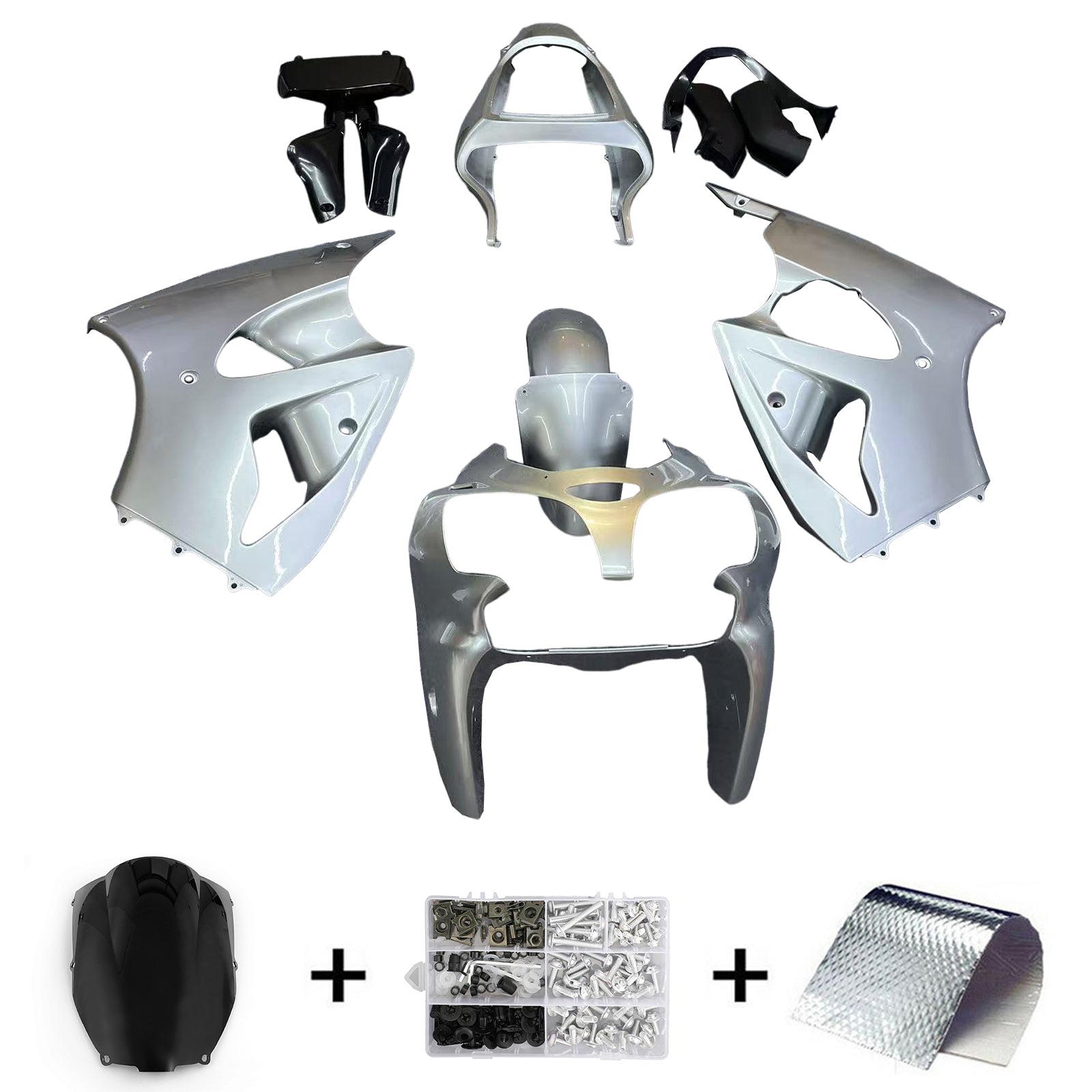 Amotopart 2000-2002 Kawasaki ZX6R 636 & 2005-2008 Kawasaki ZZR600 Silver Fairing Kit