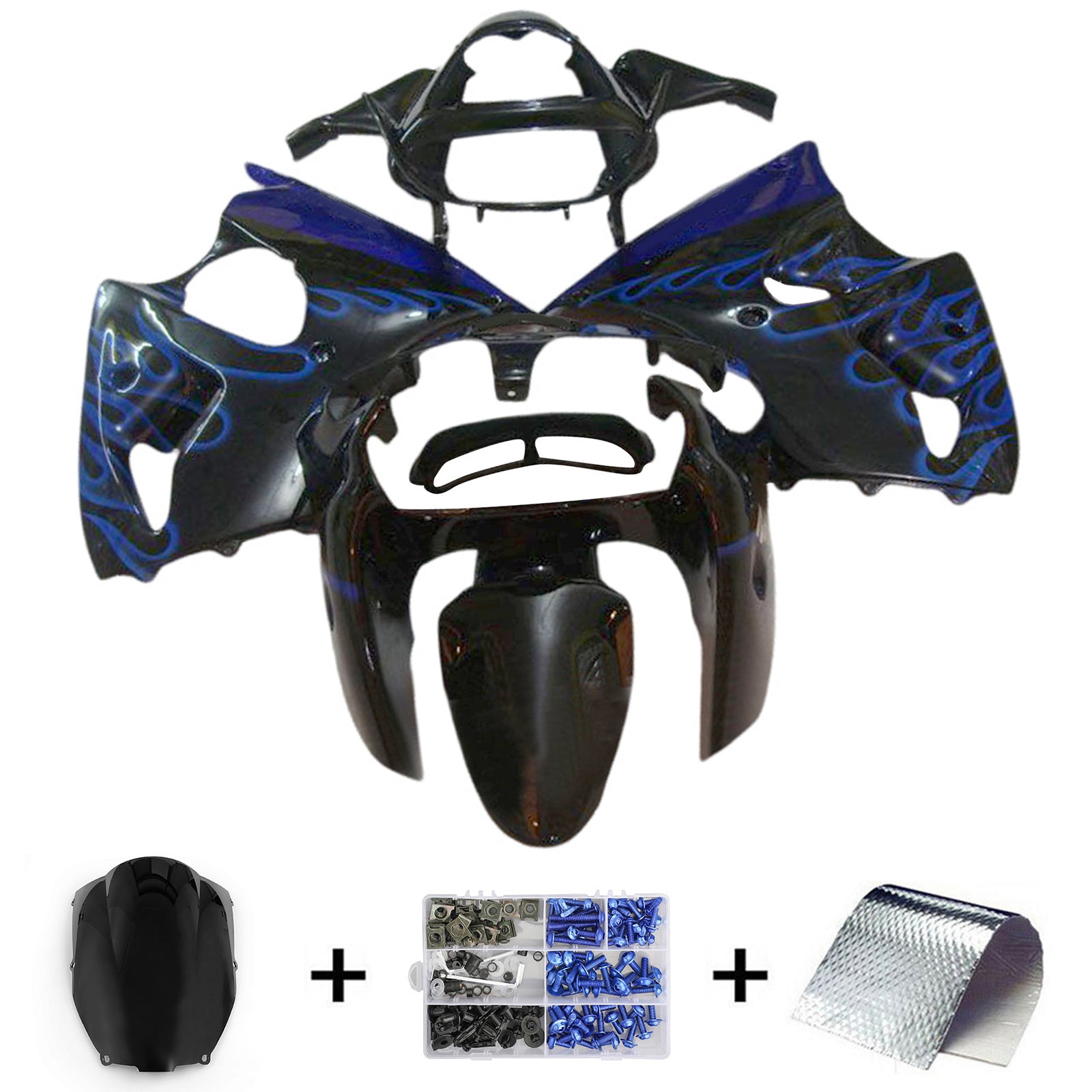 Amotopart 2000-2002 Kawasaki ZX6R 636 & 2005-2008 Kawasaki ZZR600 Black & Blue Fairing Kit
